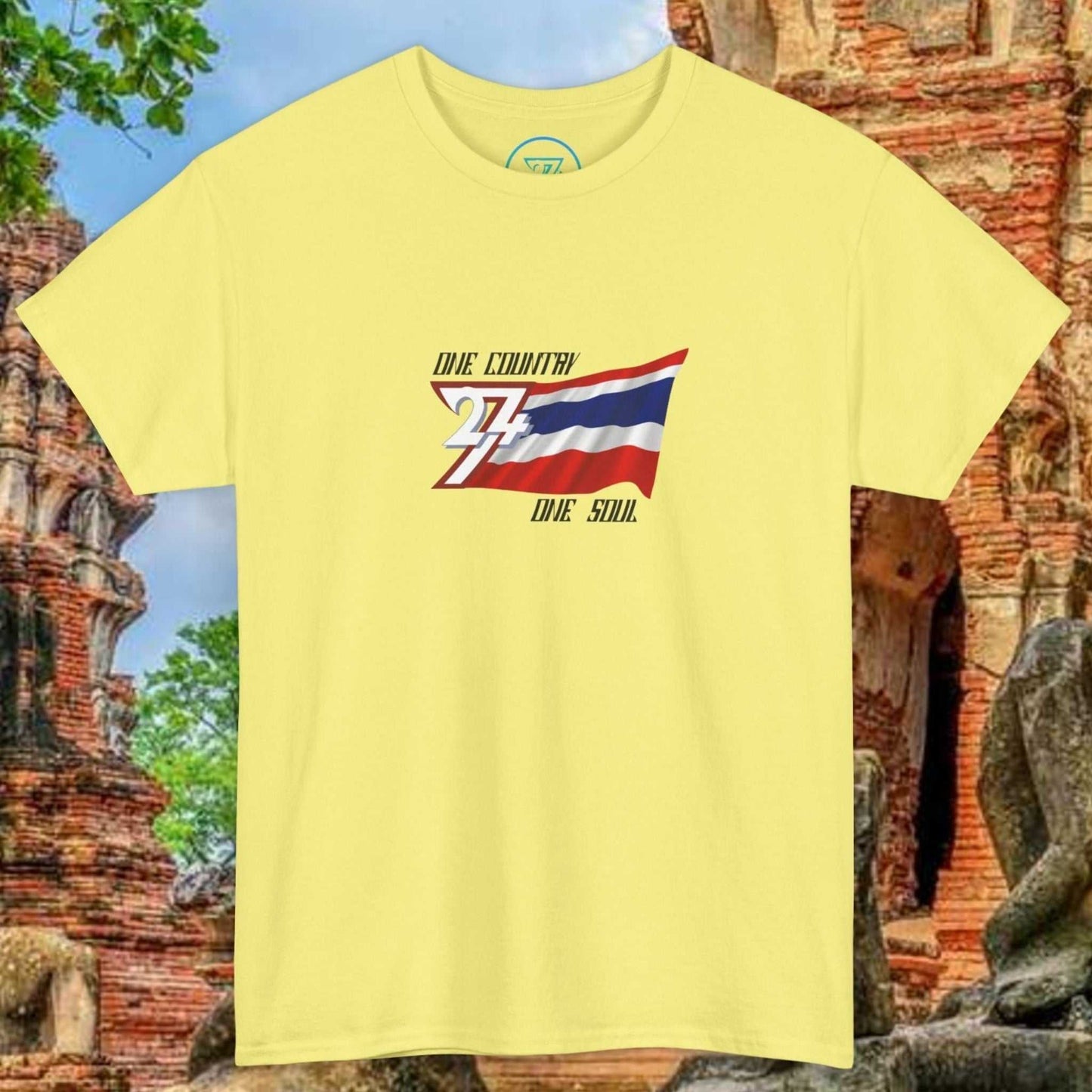 Yellow unisex Thailand Flag T-Shirt with hand-drawn Thong Trairong graphic and "One Country One Soul" text.