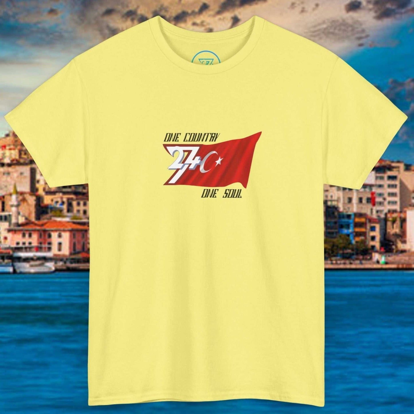 Yellow Türkiye Flag Graphic T-Shirt with hand-drawn Turkish flag and "One Country One Soul" text on front, lightweight cotton tee for summer and sports.