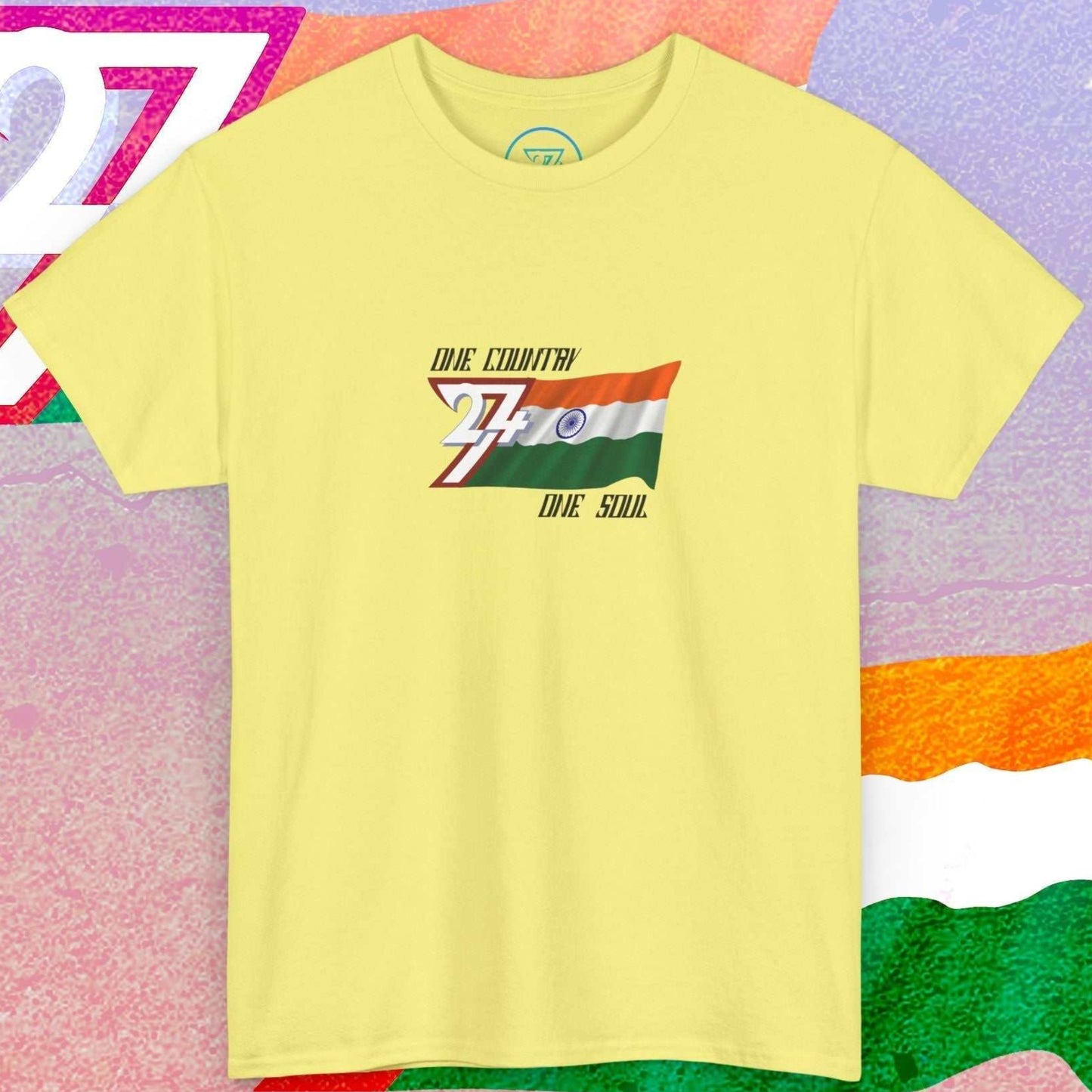 Full front view of a light yellow India flag t-shirt featuring a hand-drawn tricolor and "One Country One Soul" slogan.