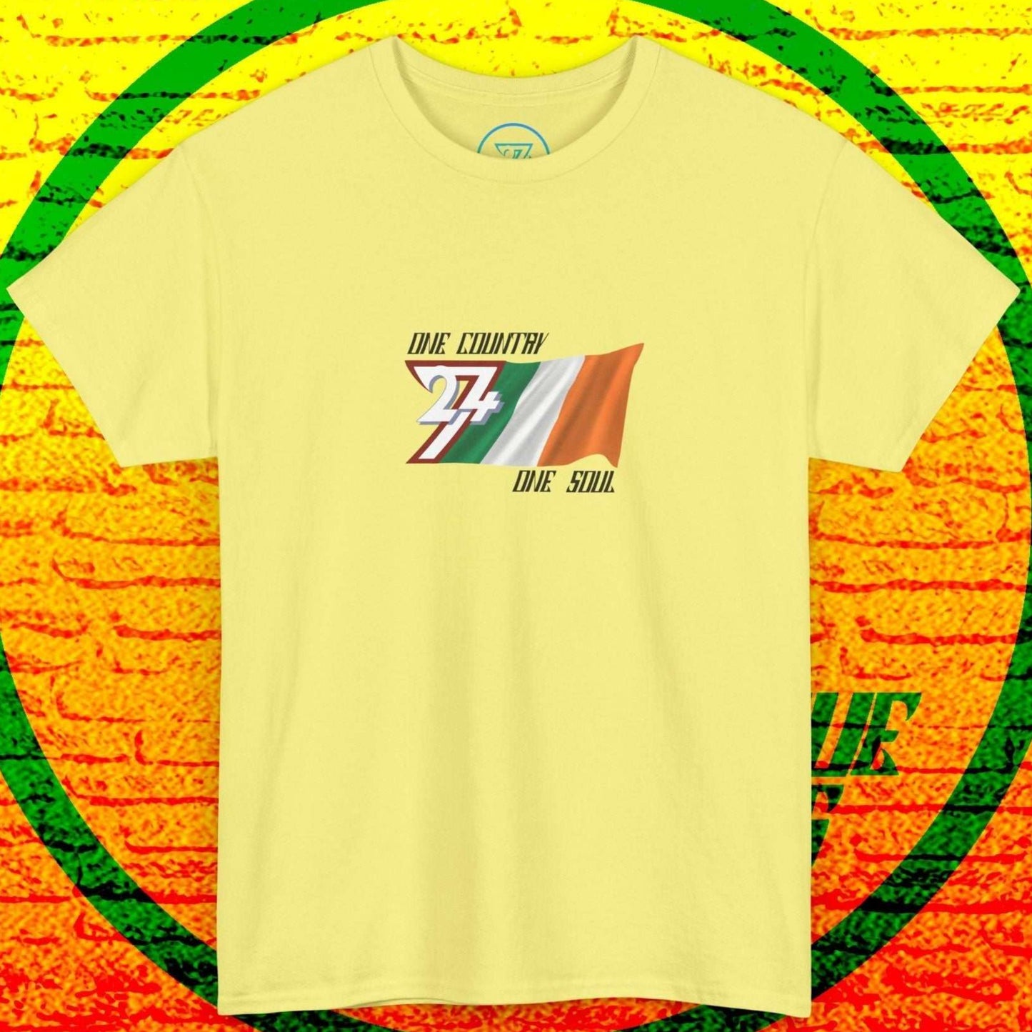 A clean, front-on view of the light yellow Ireland flag shirt, featuring our exclusive "One Country One Soul" print and artistic tricolor.