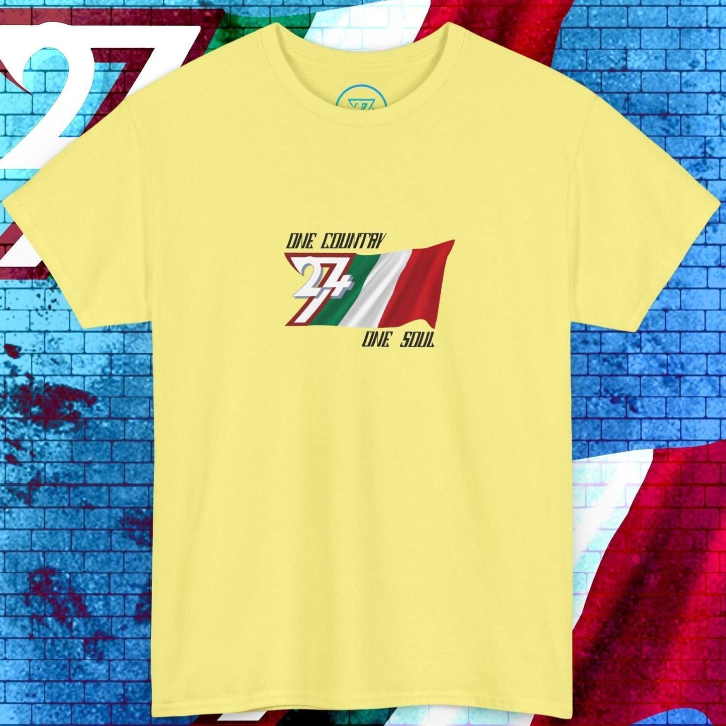 Front view of a light yellow Italy flag t-shirt featuring a hand-drawn Il Tricolore design and the "One Country One Soul" slogan.