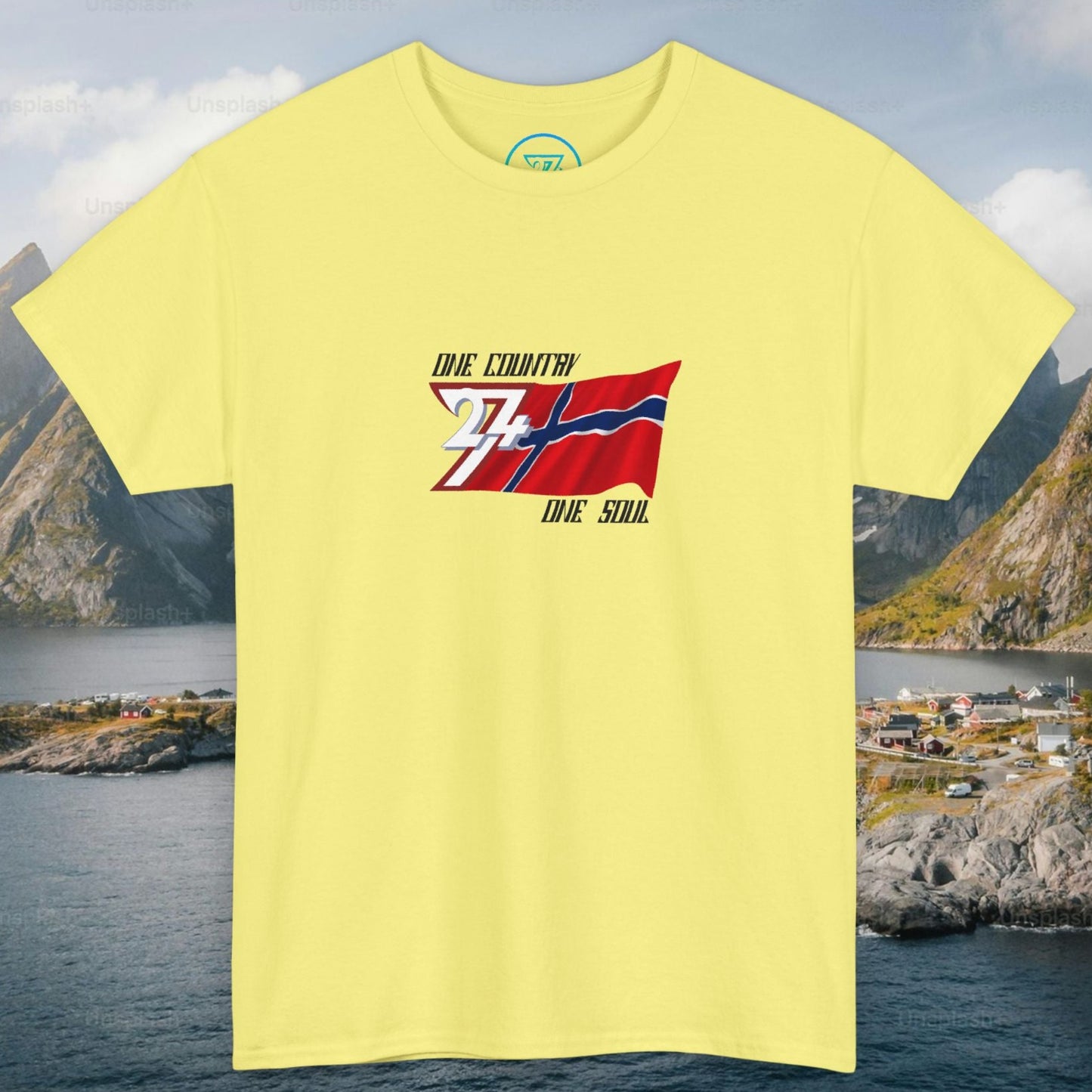 Front view of light  yellow graphic t-shirt featuring a digitally hand-drawn Norway flag design.