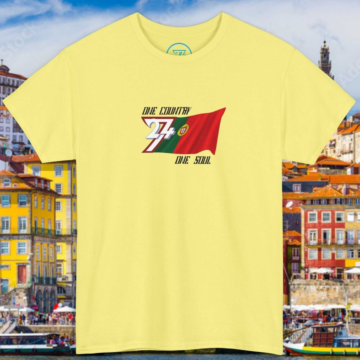Front view of a light yellow graphic t-shirt featuring a digitally hand-drawn Portugal flag design.