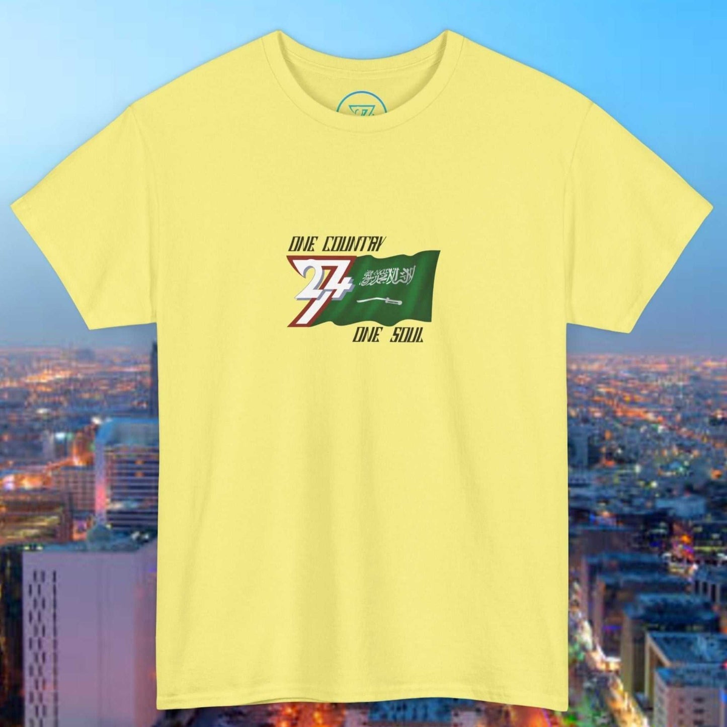 Hand-drawn Saudi Arabia Graphic Tee with sketched national flag design on light yellow cotton shirt