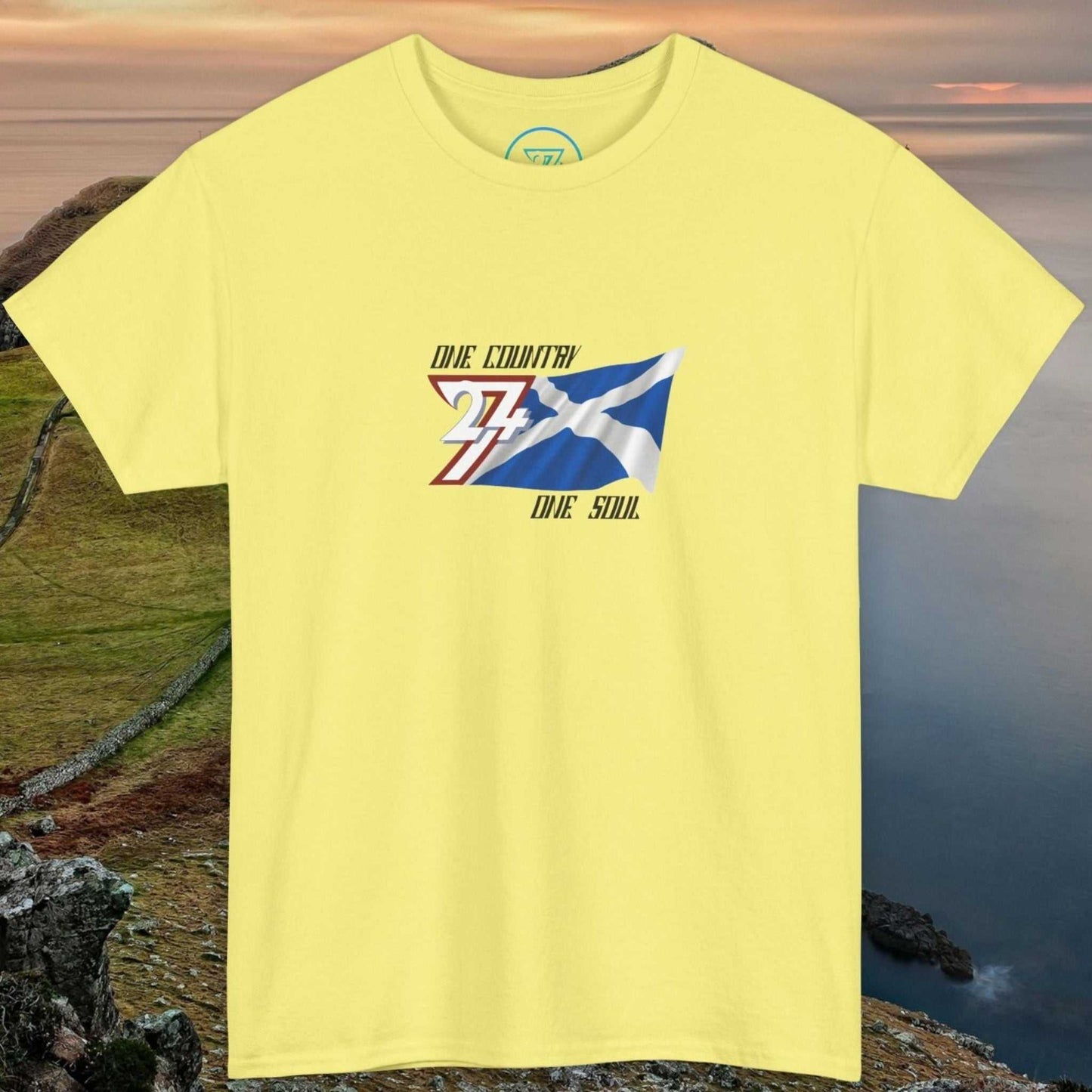 Hand-drawn Scotland Graphic Tee featuring vibrant Saltire design on soft unisex cotton shirt