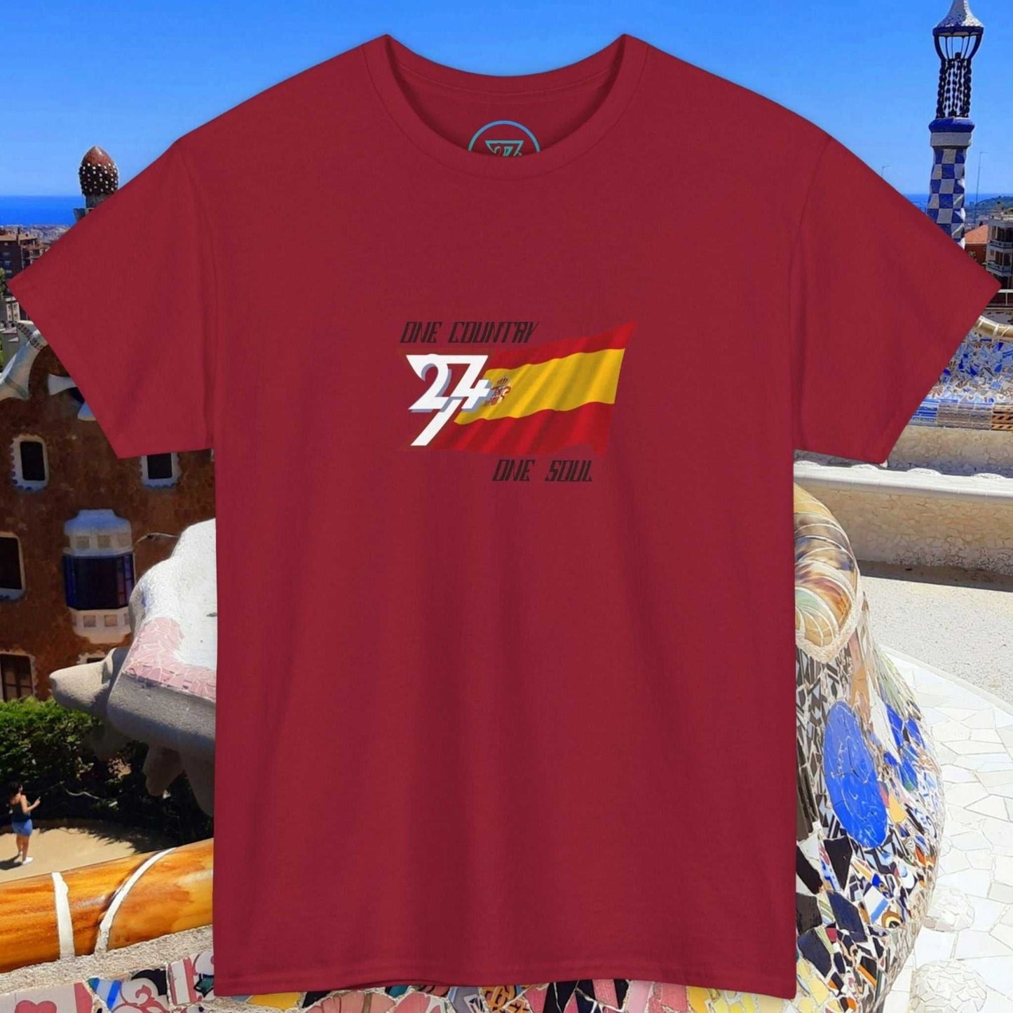 Red unisex Spain Flag Graphic Tee with hand-drawn España flag design and artistic streetwear style