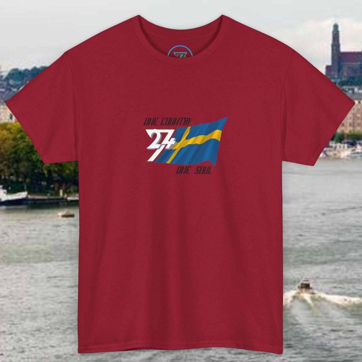 Red unisex Sweden Flag Graphic Tee with hand-drawn Swedish flag design and "One Country One Soul" text