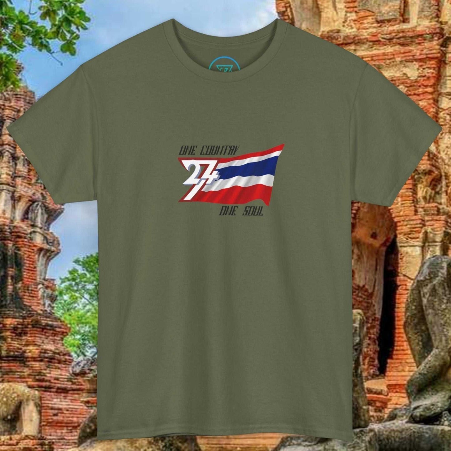Unisex olive green Thailand Flag T-Shirt with hand-drawn Thong Trairong graphic and "One Country One Soul" text, breathable cotton tee for adults.
