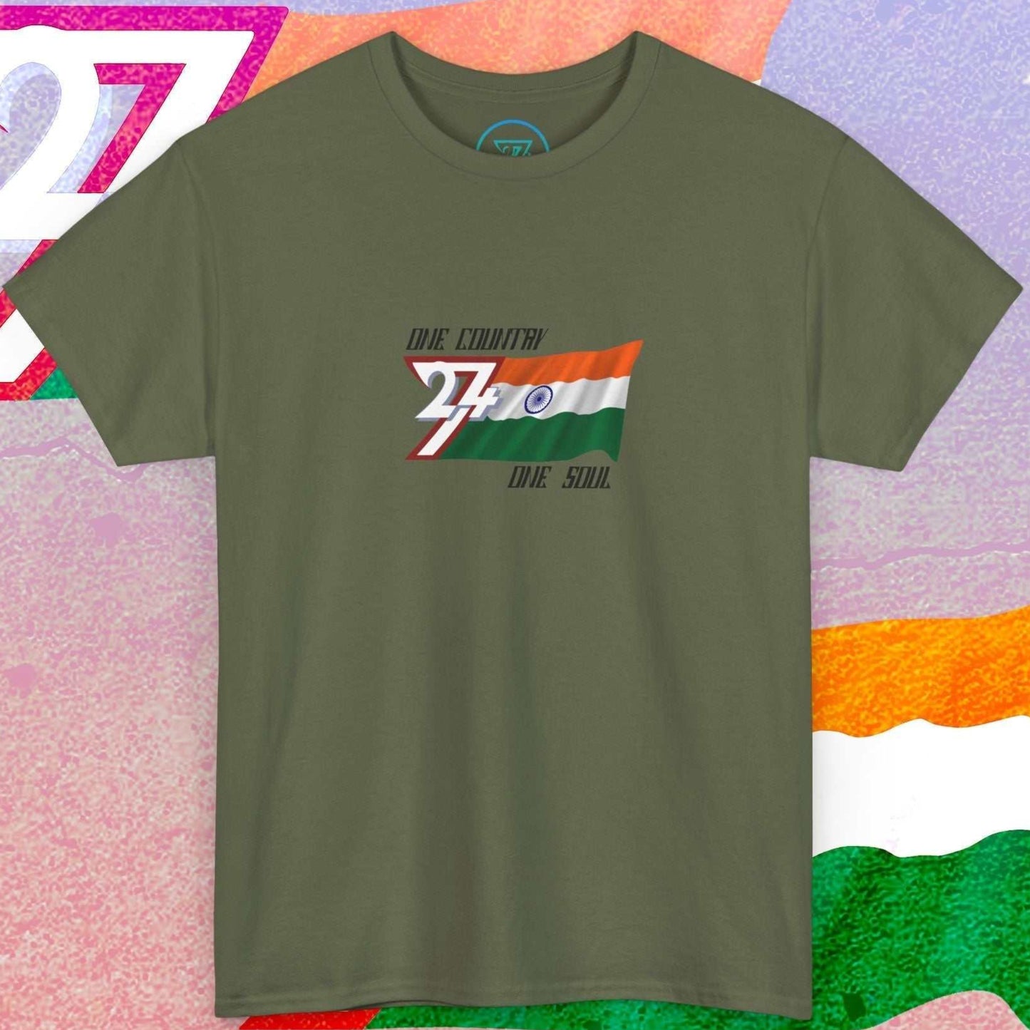 Digitally illustrated India graphic tee in military green showing the hand-sketched Ashoka Chakra and "One Country One Soul" signature.
