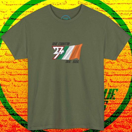 Artistic front view of a military geen Ireland flag t-shirt featuring hand-drawn tricolor textures and "One Country One Soul" text.