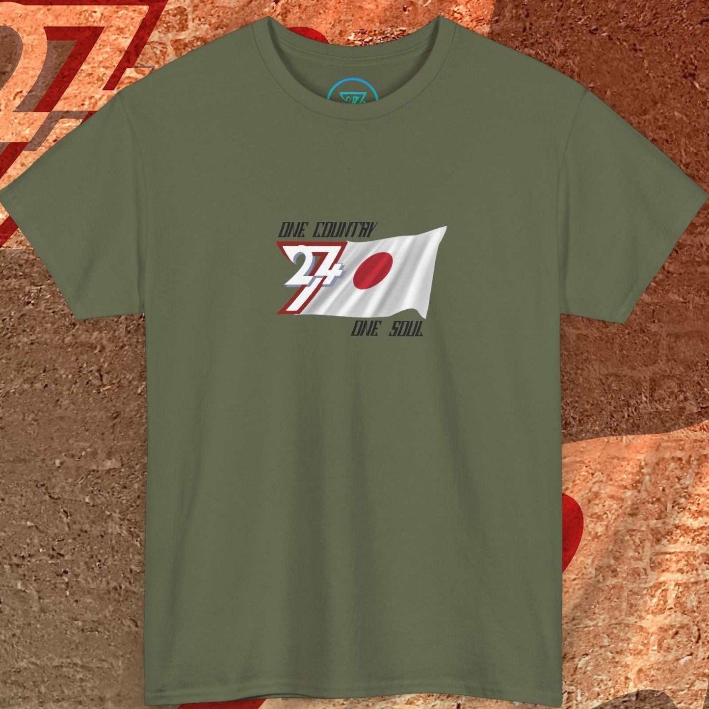 Japanese heritage t-shirt in military green showing a hand-drawn national flag and the "One Country One Soul" motto.
