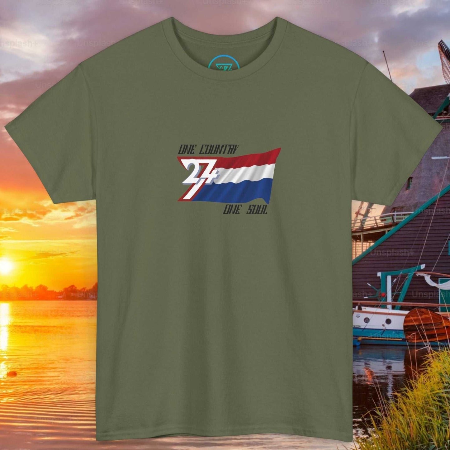 Front view of a military green graphic t-shirt featuring a digitally hand-drawn Netherlands flag design.