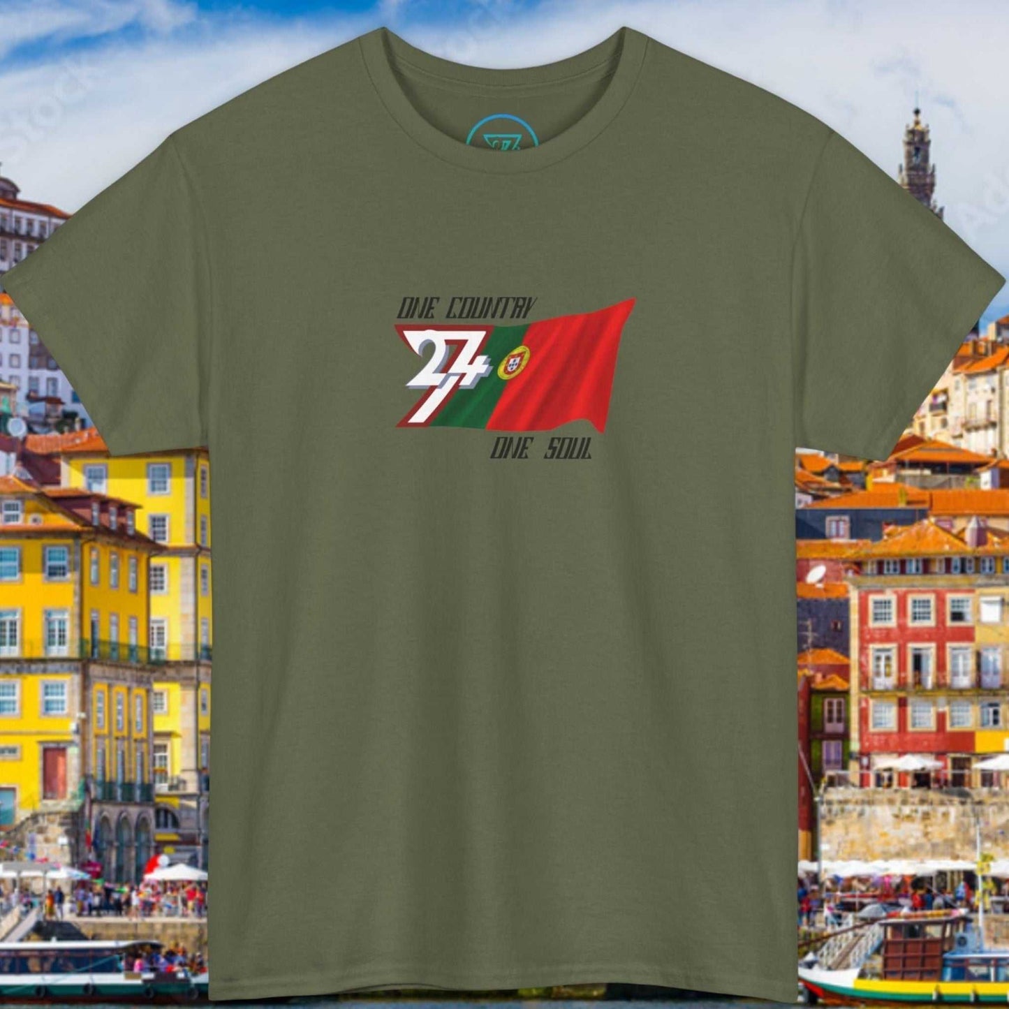 Front view of a olive green graphic t-shirt featuring a digitally hand-drawn Portugal flag design.