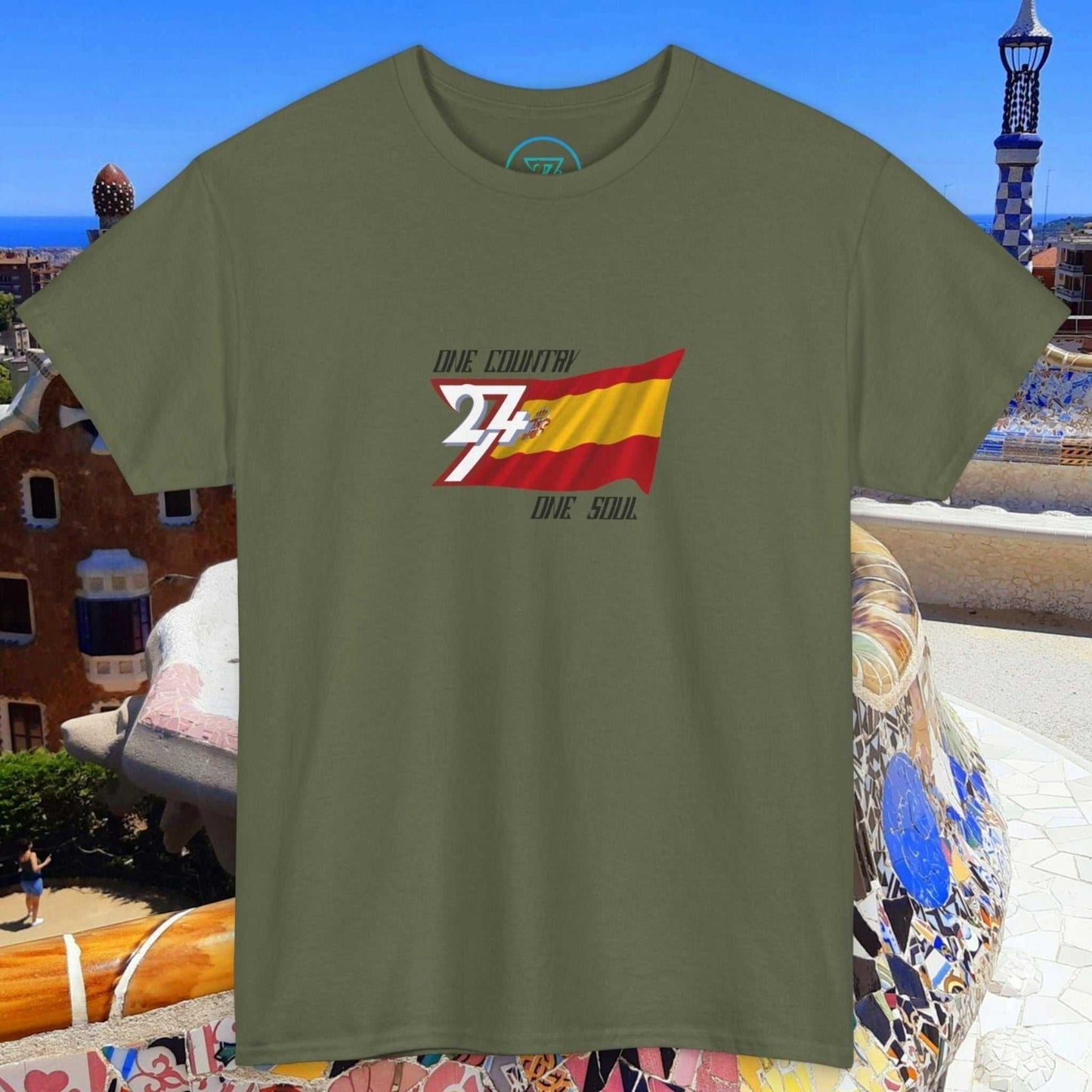 Unisex olive green Spain flag graphic tee with hand-drawn España design and "One Country One Soul" text.