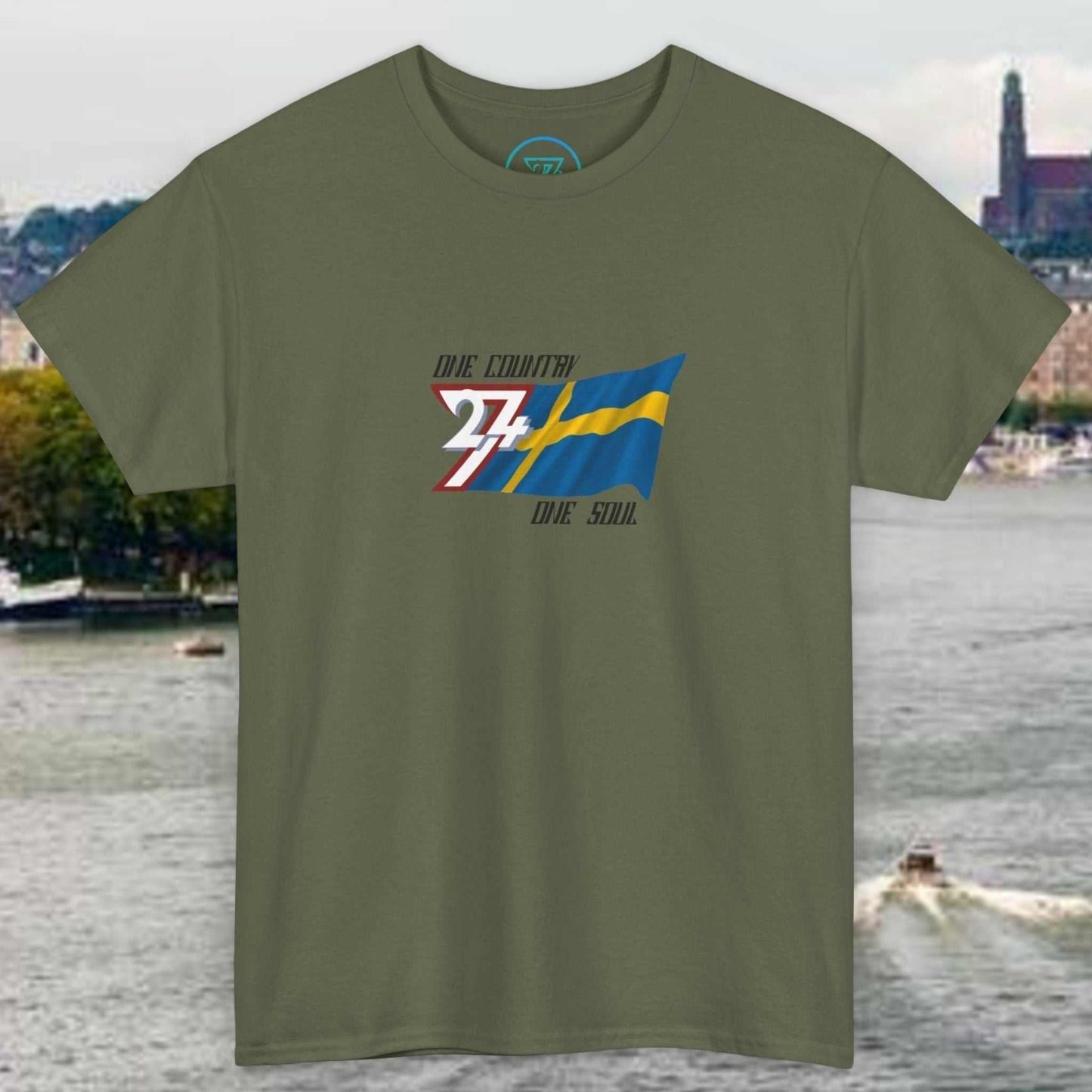 Green unisex Sweden flag graphic tee with hand-drawn Swedish flag design and bold text on front
