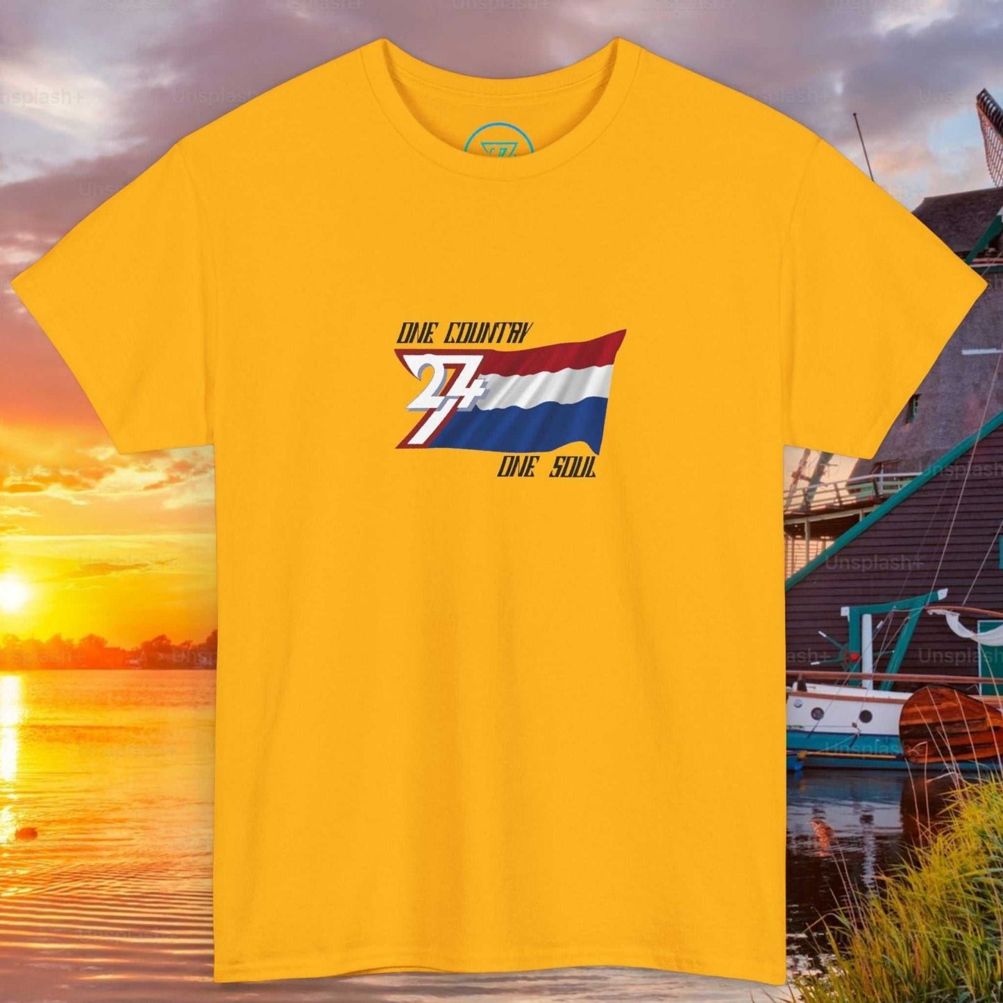 Front view of a gold graphic t-shirt featuring a digitally hand-drawn Netherlands flag design.