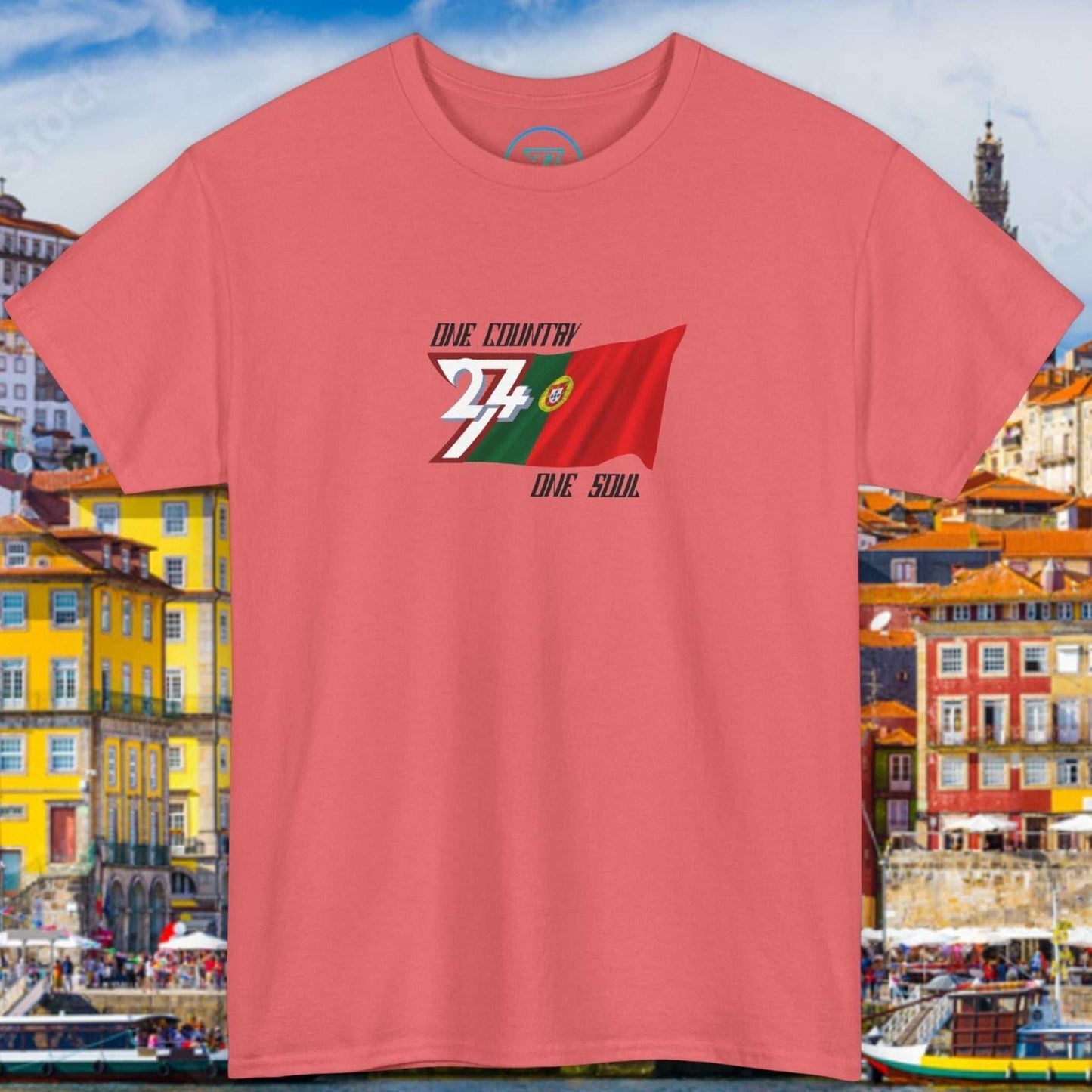 Front view of a salmon pink graphic t-shirt featuring a digitally hand-drawn Portugal flag design.