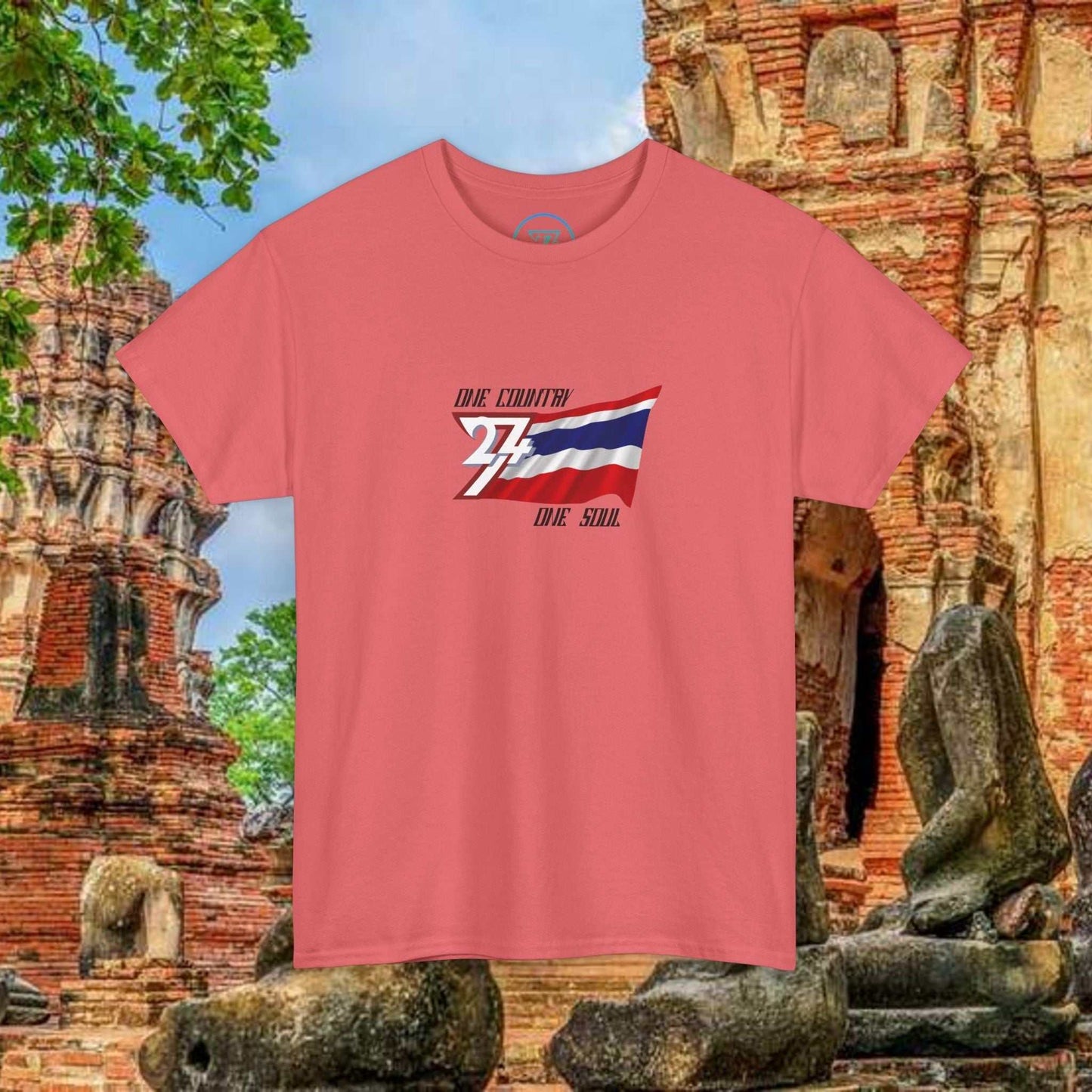 Thailand flag t-shirt with hand-drawn Thong Trairong graphic on coral cotton tee