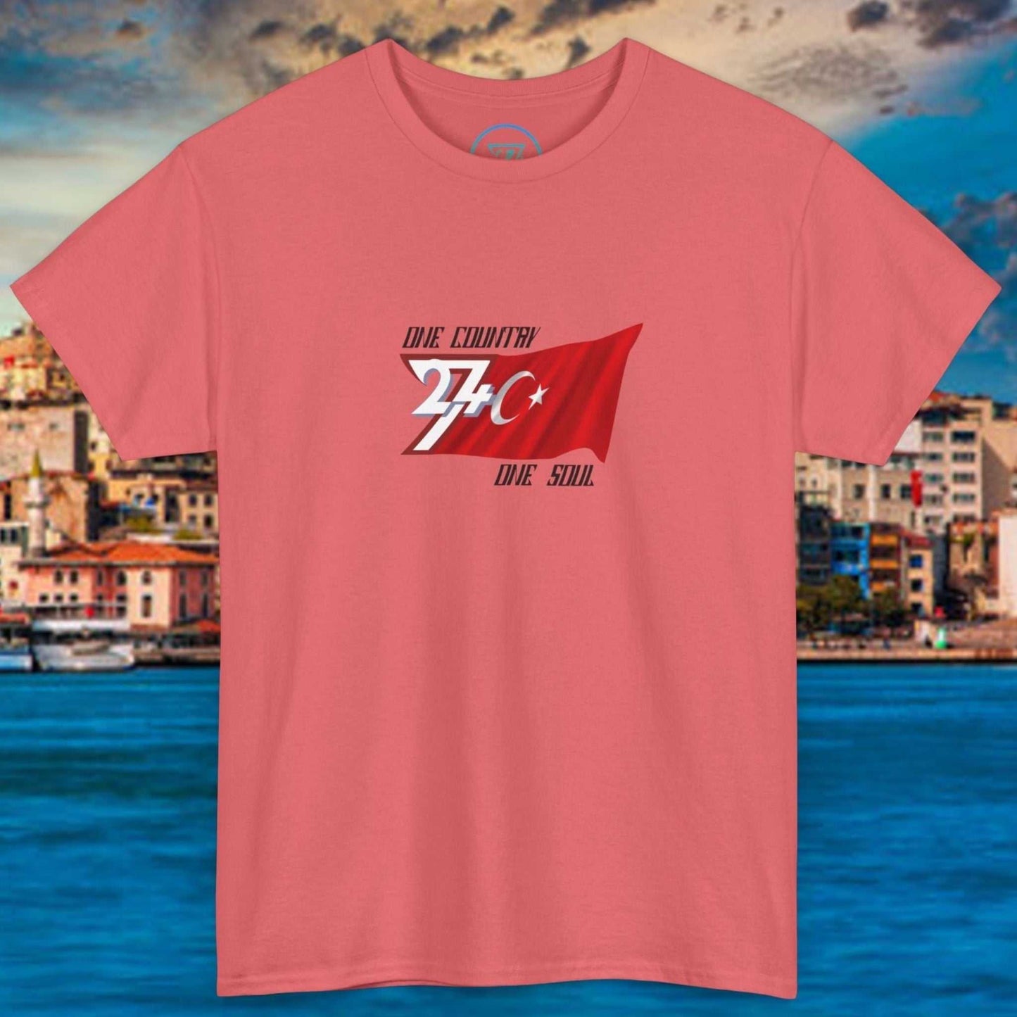 Türkiye Flag Graphic T-Shirt with hand-drawn Türkiye flag design on coral cotton tee for sports and summer wear