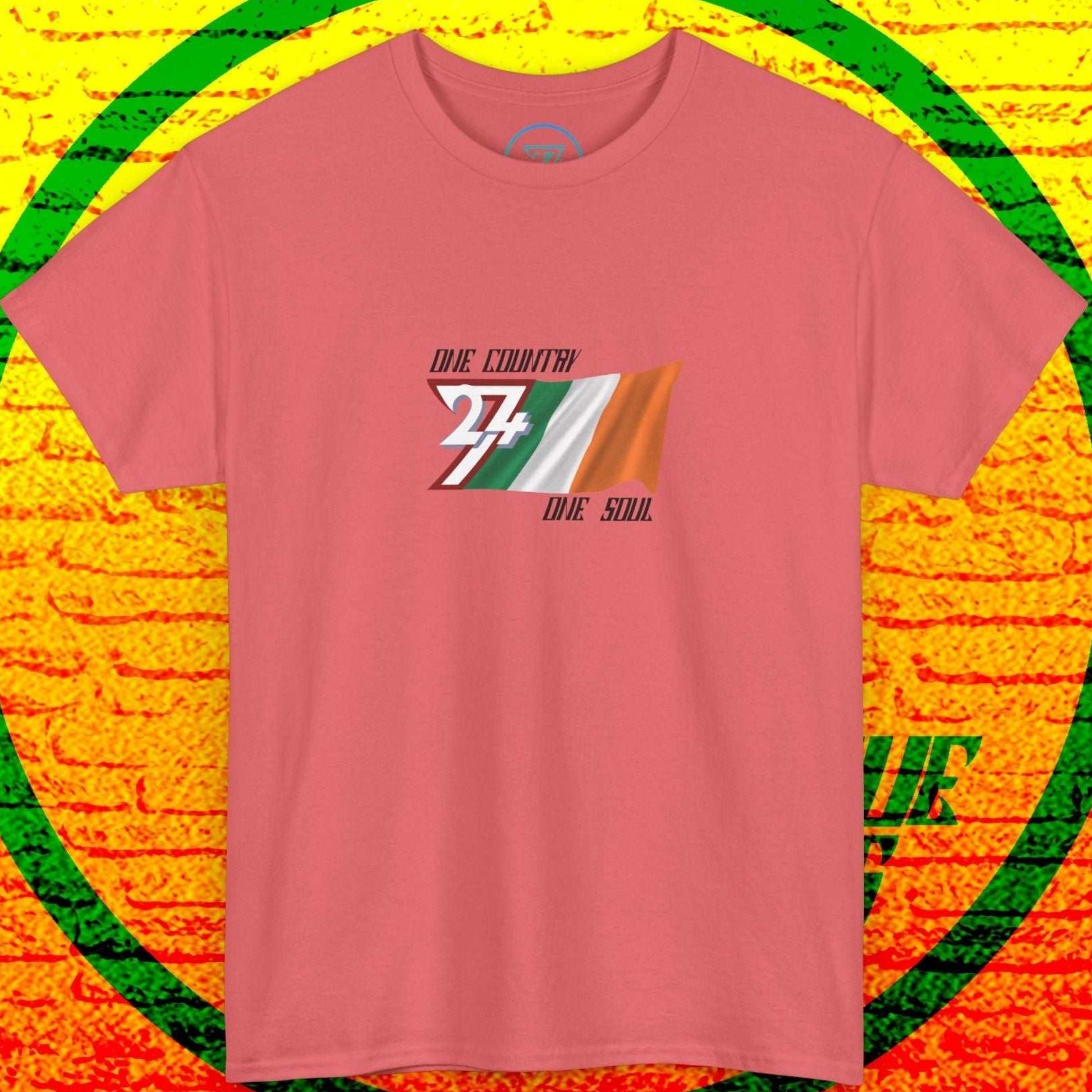 Complete front shot of the orange-pink Irish heritage tee, highlighting the unique sketched textures and the signature "One Country One Soul" motto.