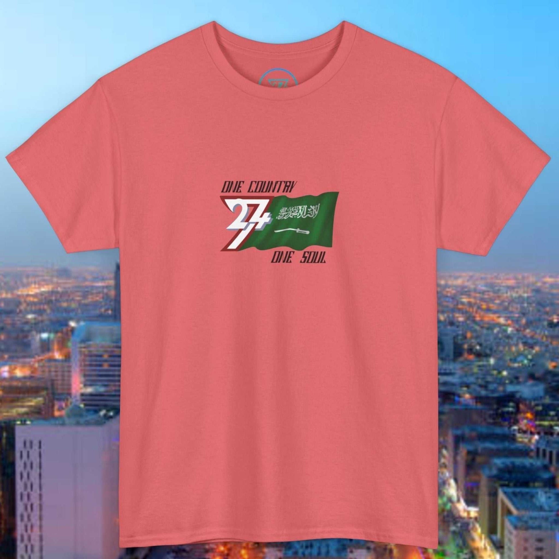 Hand-drawn Saudi Arabia flag graphic on pink unisex cotton tee