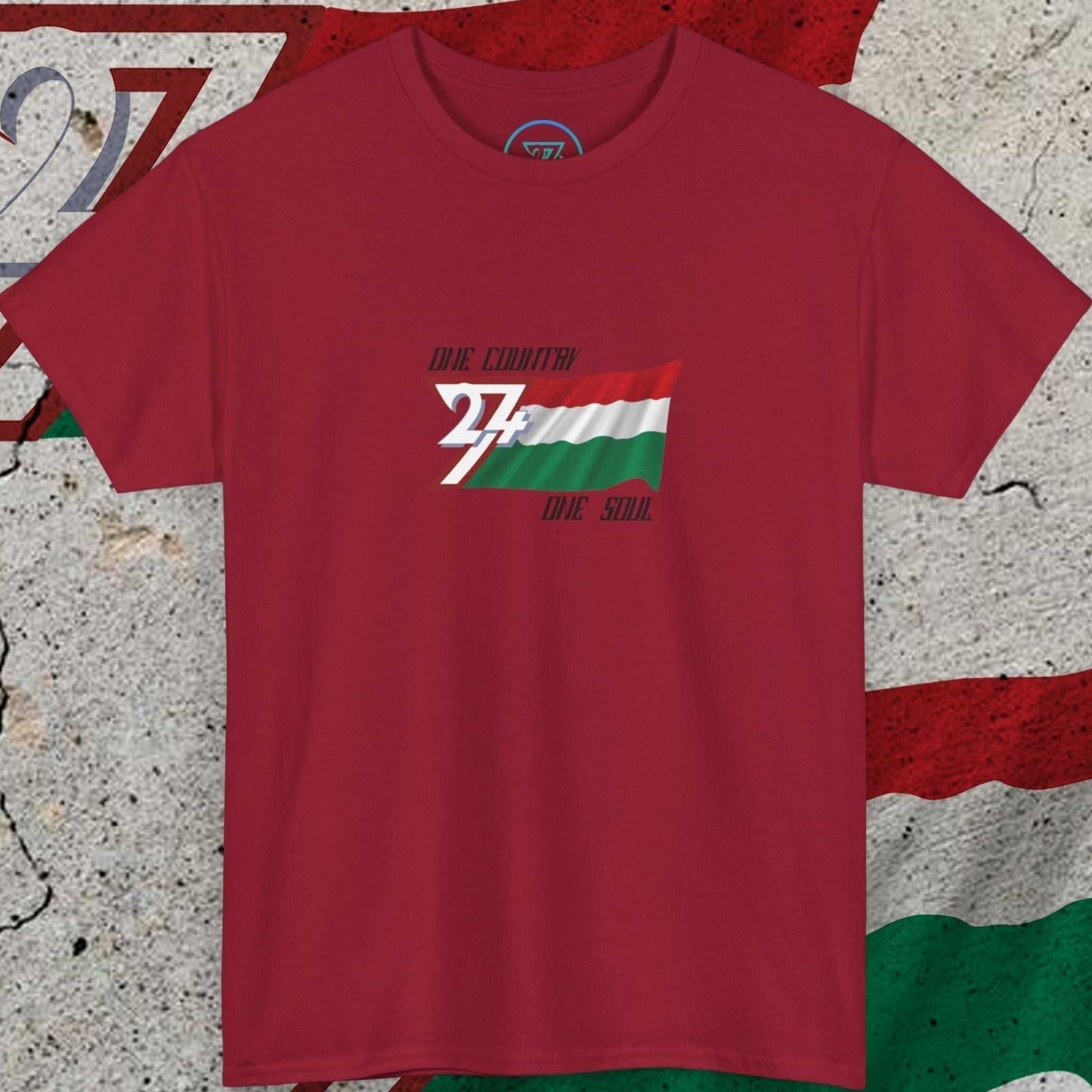 Front view of the red Hungary graphic t-shirt with hand-drawn Magyar Spirit flag and "One Country One Soul" slogan
