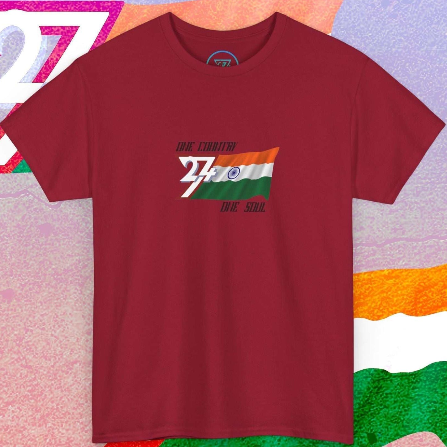 Artistic front shot of a red India flag tee highlighting the hand-drawn lines and "One Country One Soul" slogan.