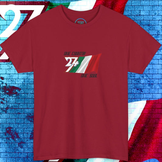 Front view of a red Italy flag t-shirt featuring a hand-drawn Il Tricolore design and the "One Country One Soul" slogan.