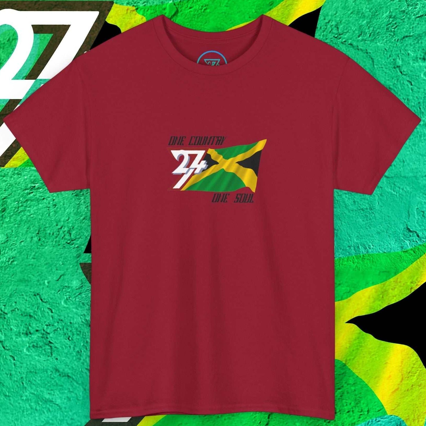 Hand-drawn cardinal red Jamaica graphic tee designed for national pride, featuring the flag and "One Country One Soul" print.