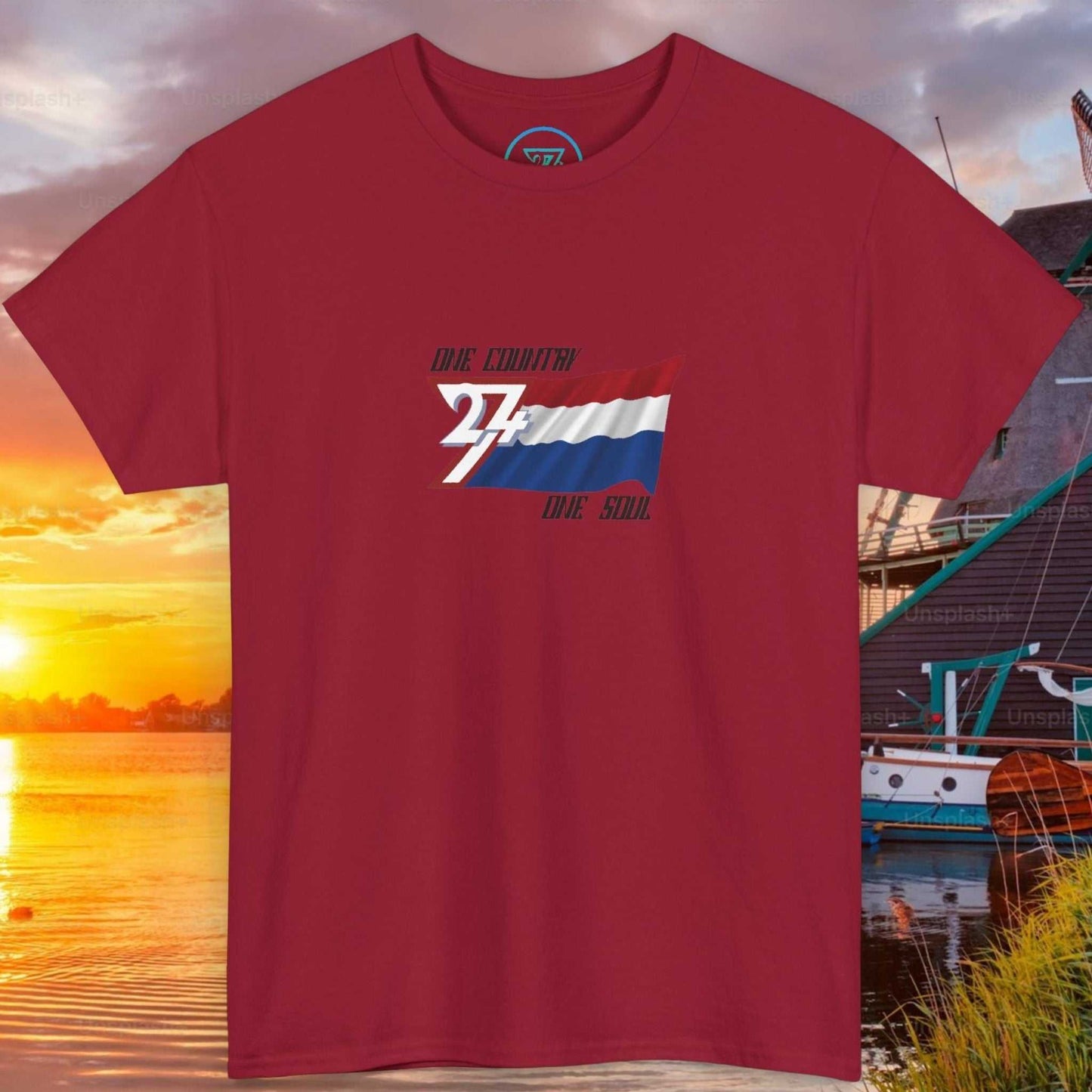 Front view of a cardinal red graphic t-shirt featuring a digitally hand-drawn Netherlands flag design.
