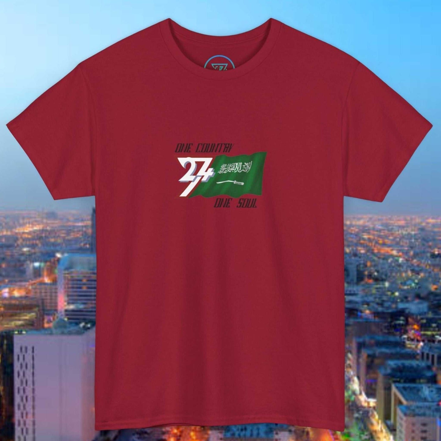 Hand-drawn Saudi Arabia Graphic Tee featuring sketched national flag on red cotton t-shirt