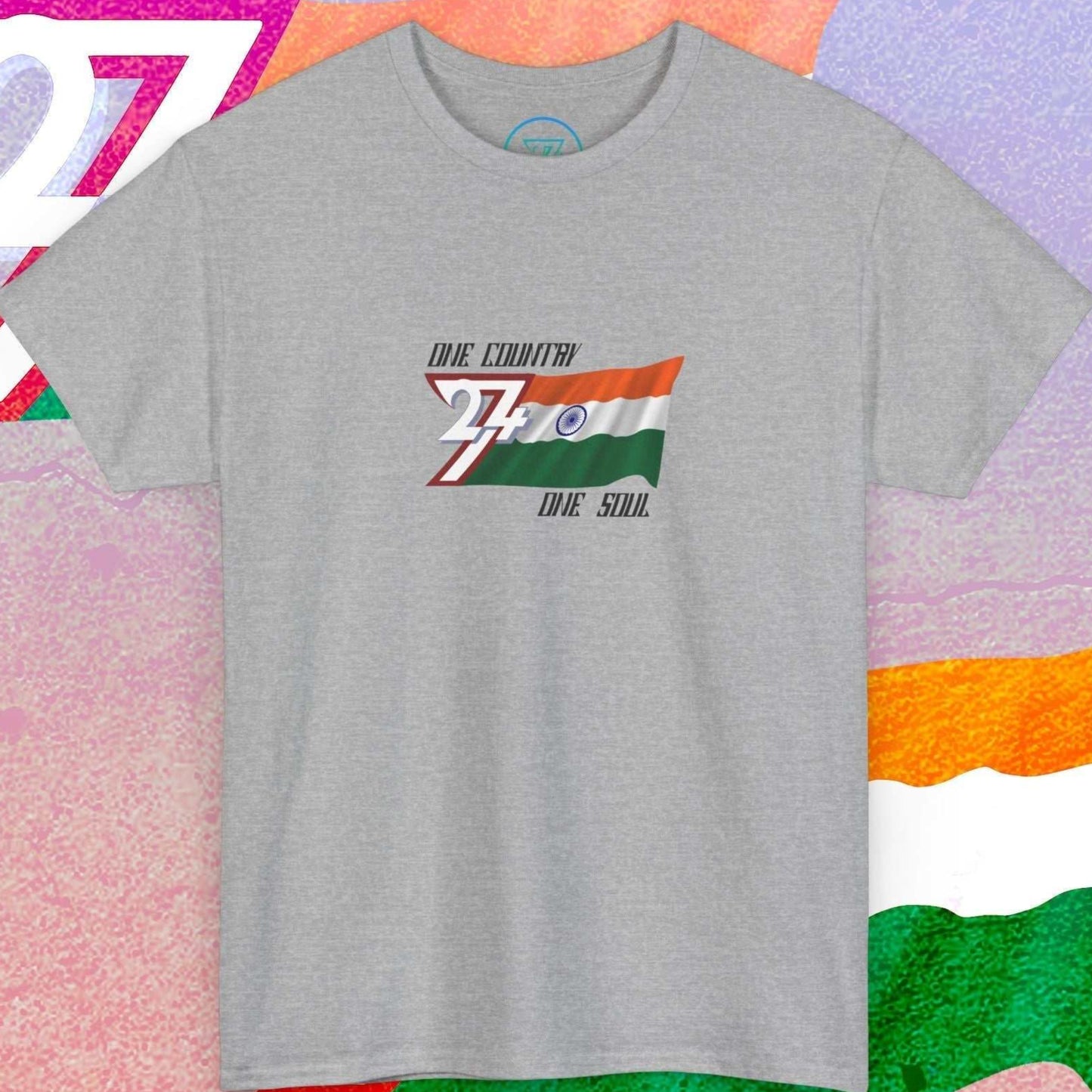 Artistic front shot of a sport gray India flag tee highlighting the hand-drawn lines and "One Country One Soul" slogan.