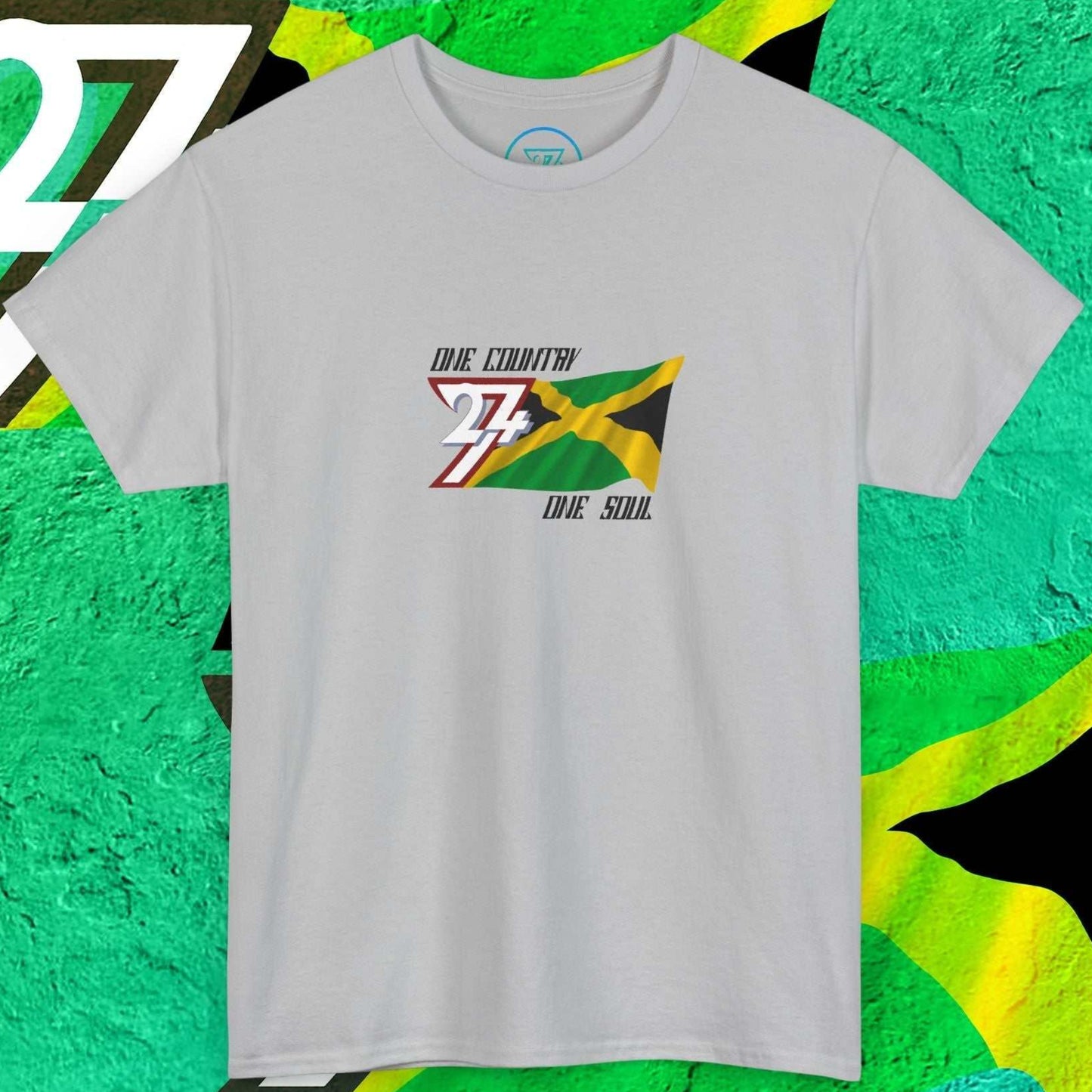 Hand-drawn sport gray Jamaica graphic tee designed for national pride, featuring the flag and "One Country One Soul" print.