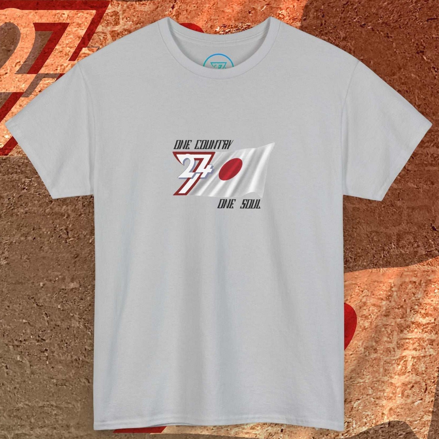 Front view of a sport gray Japan flag tee highlighting the sketched textures and "One Country One Soul" slogan.