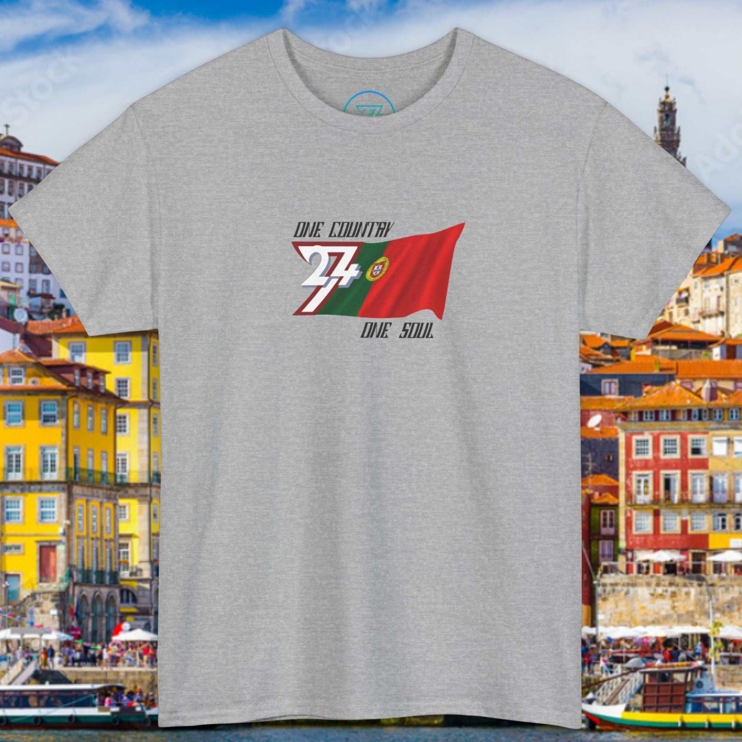 Front view of a sport gray graphic t-shirt featuring a digitally hand-drawn Portugal flag design.