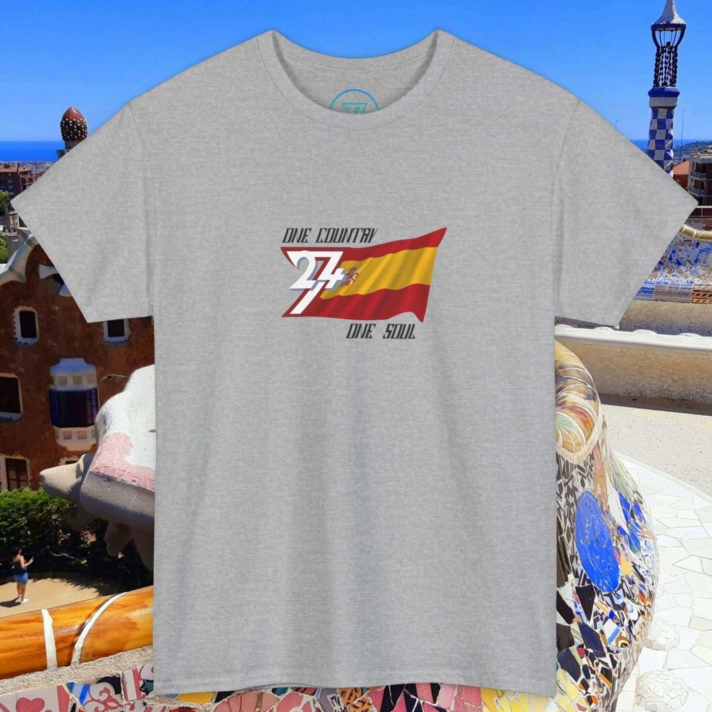 Gray unisex Spain Flag Graphic Tee with hand-drawn España design and vibrant Rojigualda colors