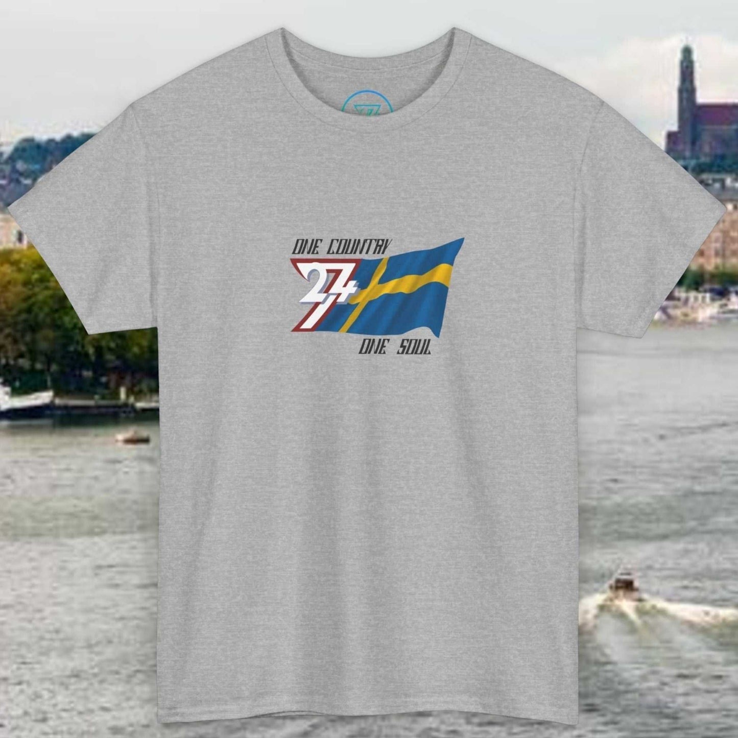 Grey unisex t-shirt with hand-drawn Sweden flag graphic and "One Country One Soul" text