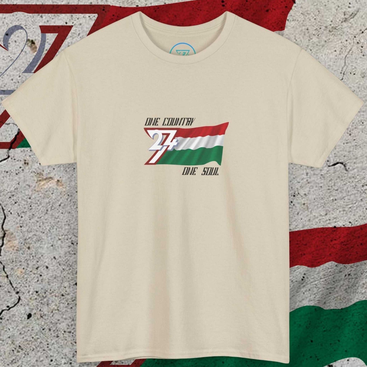 Front view of the beige Hungary Graphic Tee with hand-drawn Magyar Spirit flag and One Country One Soul slogan on soft cotton