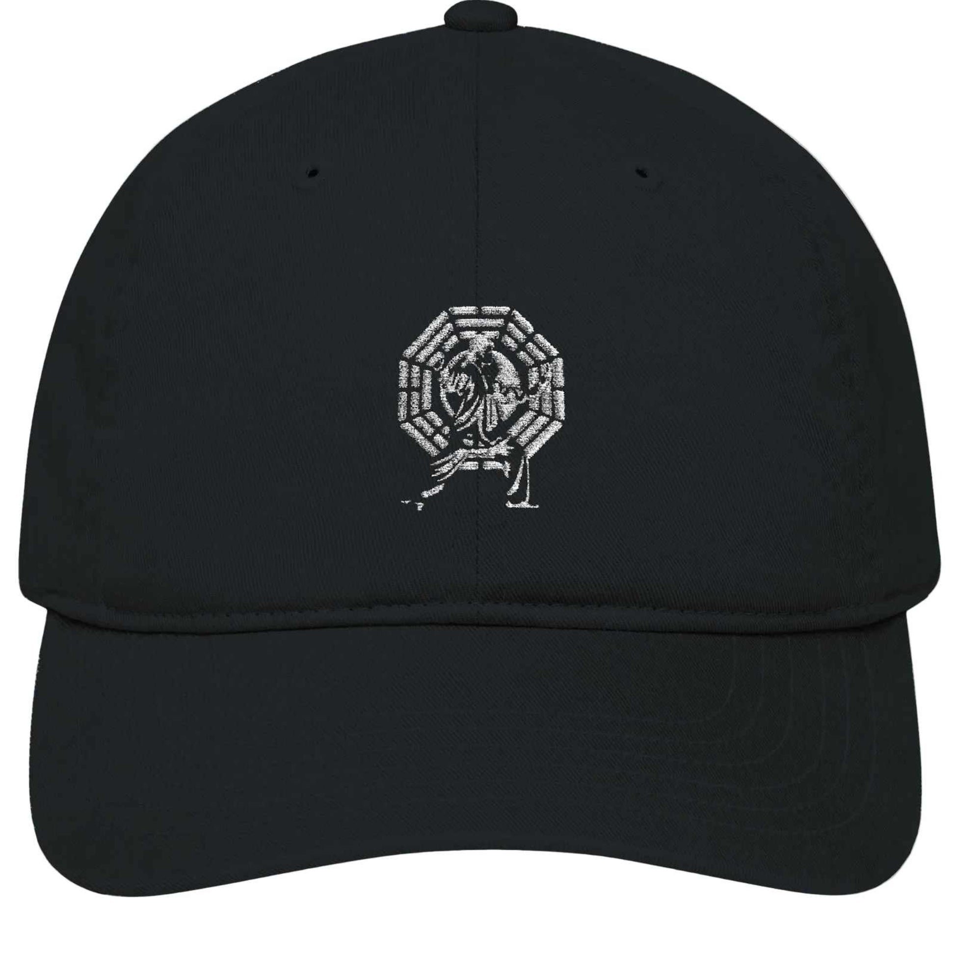 Solid black organic cotton baseball cap front view featuring a custom white embroidered Tai Chi hexagram logo.