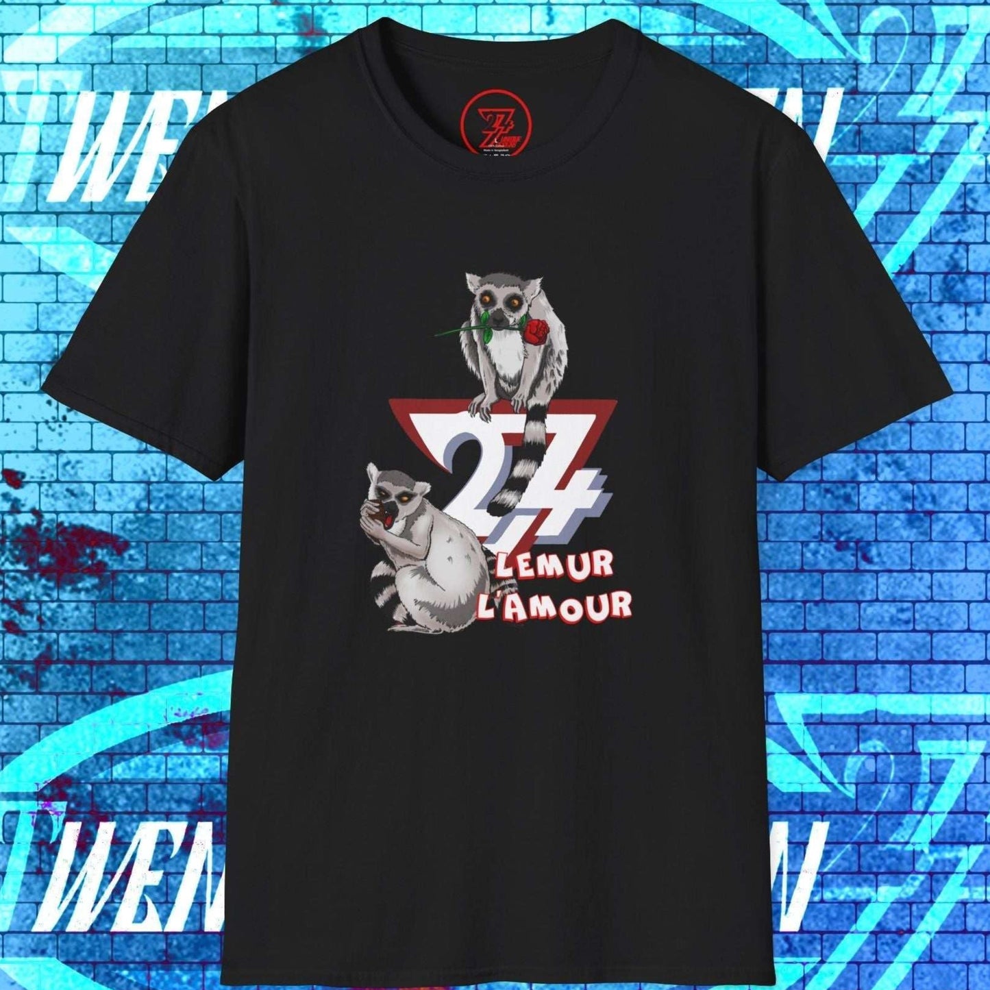 Front view of the black Lemur L’Amour t-shirt, a unique Valentine's Day gift featuring a hand-drawn lemur couple.