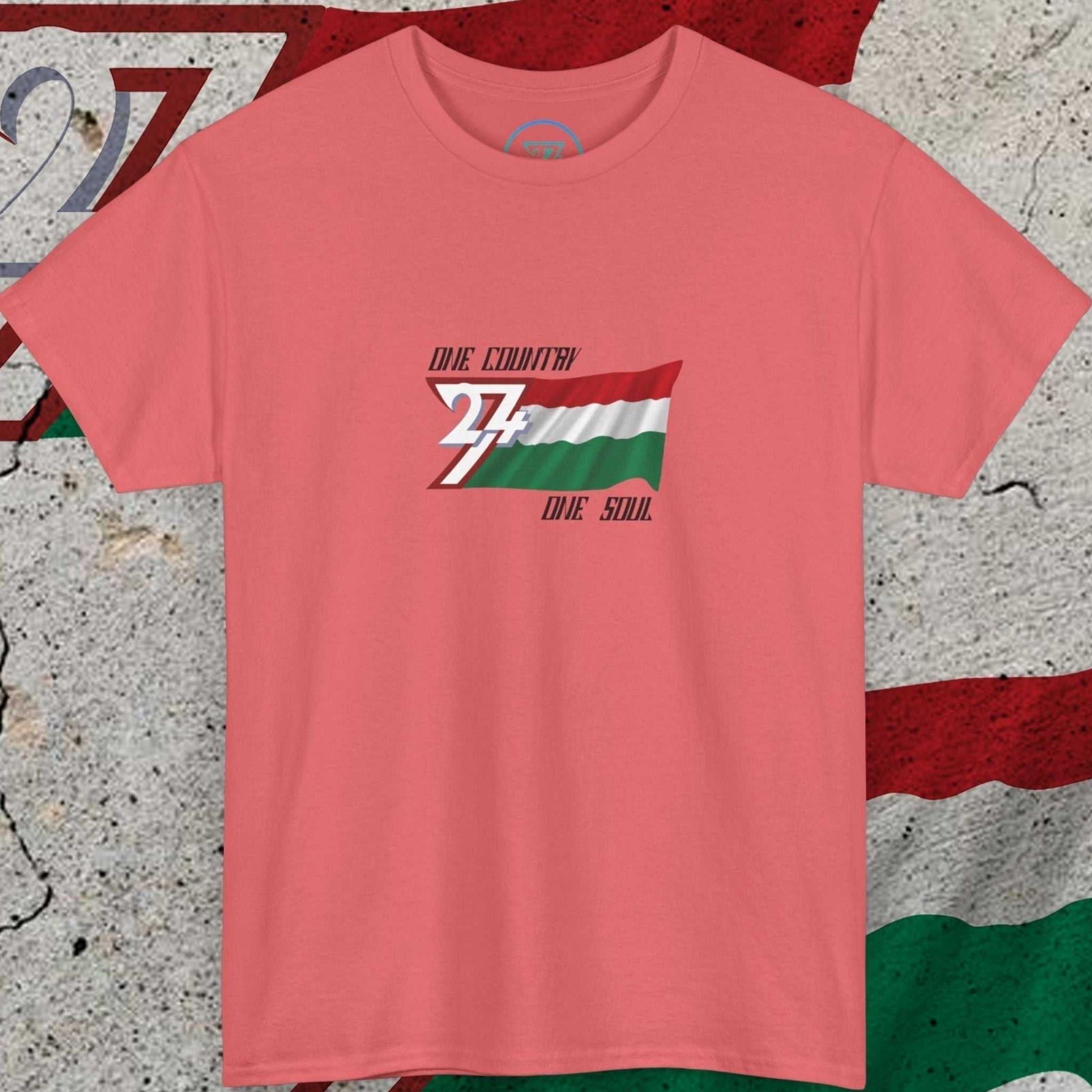 Front view of the coral Hungary Graphic Tee featuring hand-drawn tricolor with "One Country One Soul" slogan