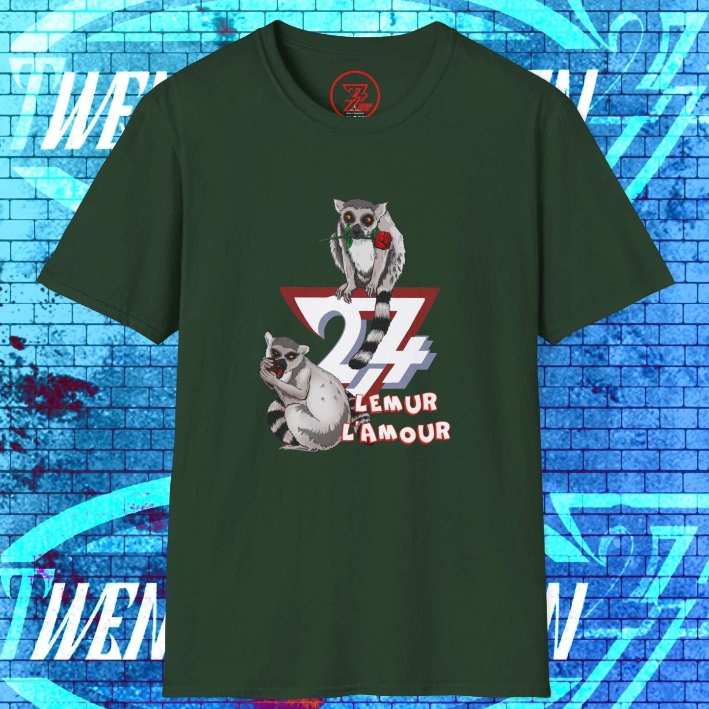 Funny Valentine's Day dark green t-shirt featuring a digitally hand-drawn lemur romance scene and "Lemur L’Amour" slogan.