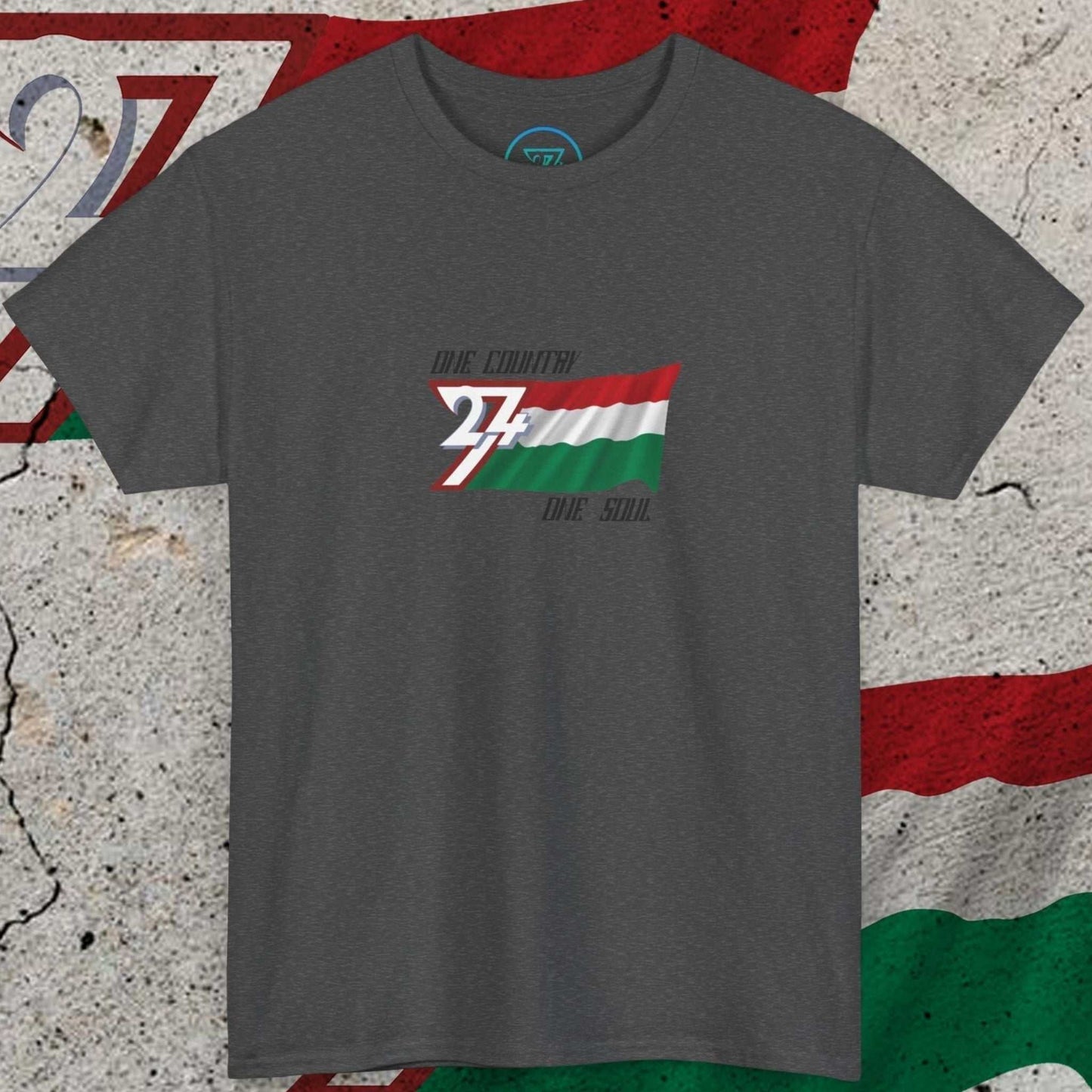 Front view of the dark gray Hand-drawn Hungary graphic tee with tricolor and "One Country One Soul" slogan
