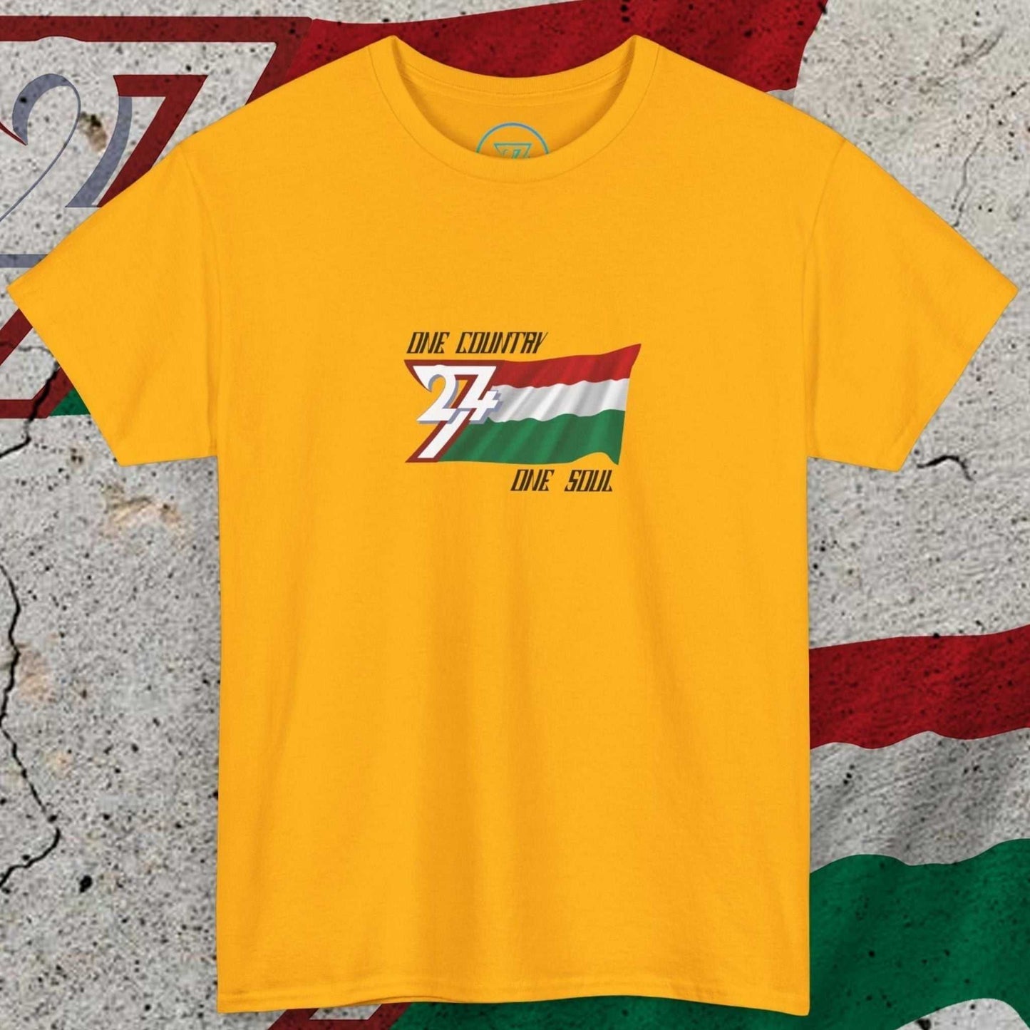 Front view of the gold Hungary Graphic T-shirt with hand-drawn tricolor flag and "One Country One Soul" slogan