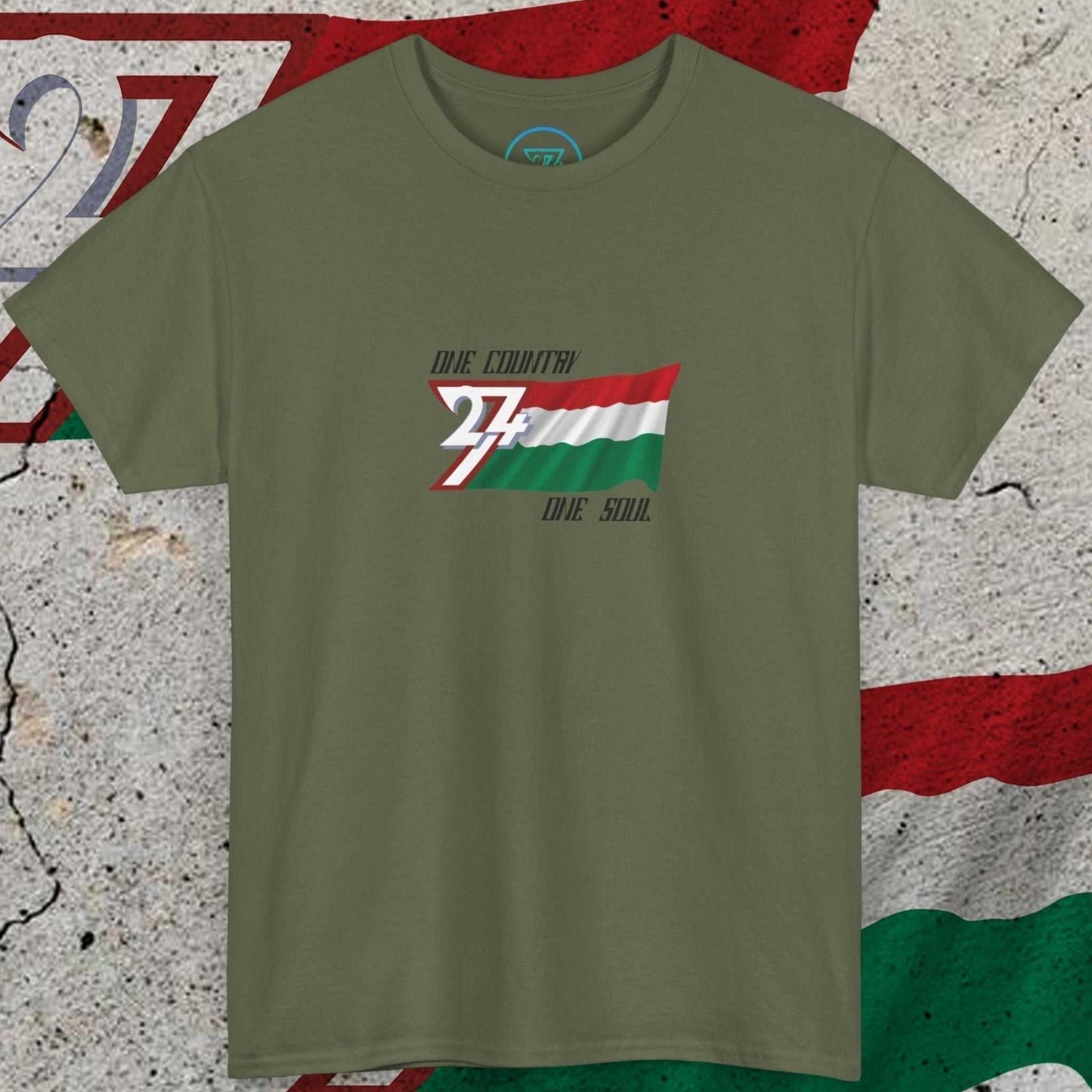 Front view of the military green Hungary graphic tee with hand-drawn Magyar Spirit flag and "One Country One Soul" slogan