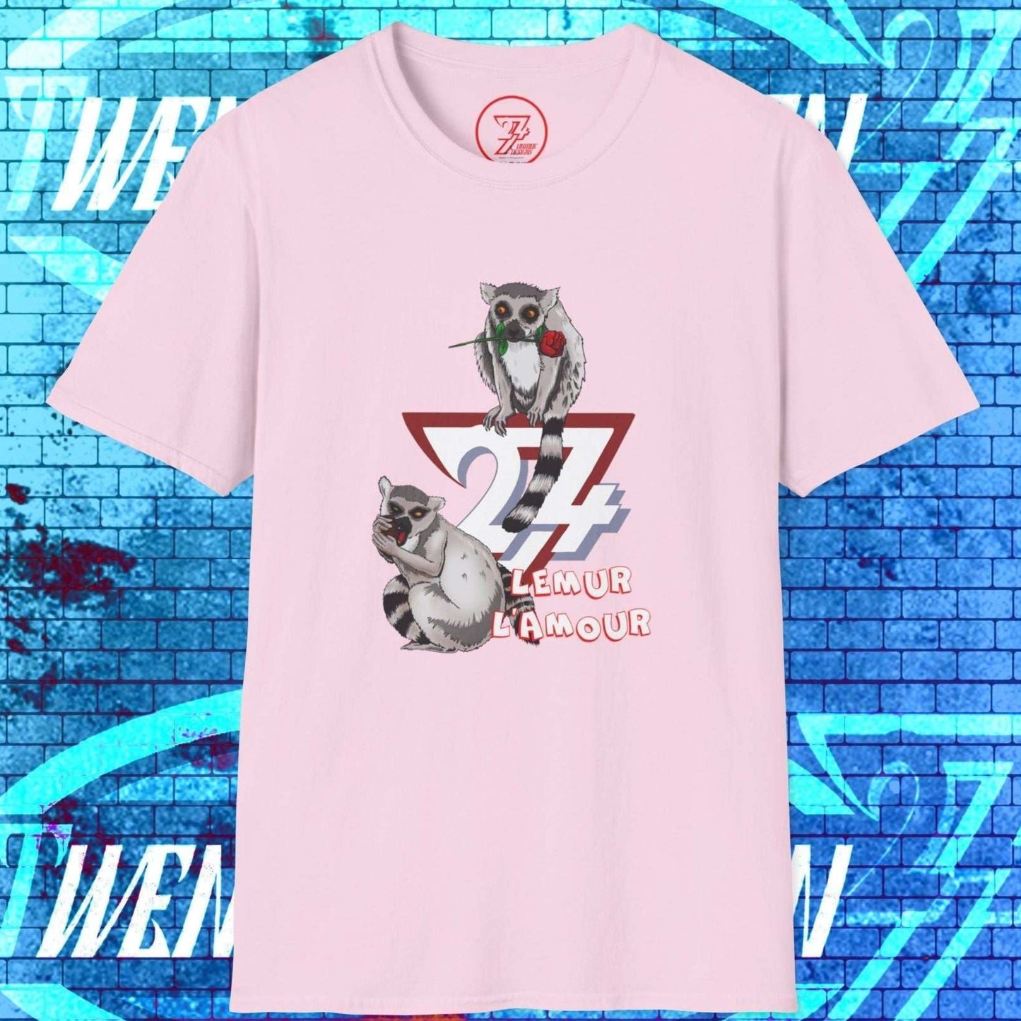 A pink alternative Valentine's Day shirt featuring the "Lemur L'Amour" pun and authentic 24/7 hand-drawn art.