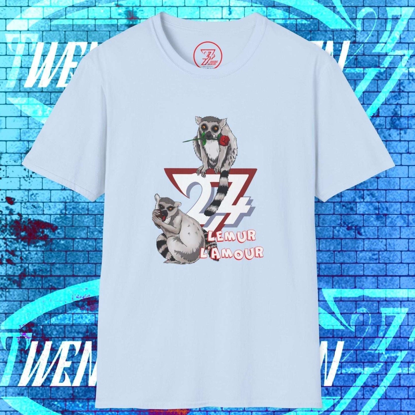 Centered view of the light blue Lemur L’Amour unisex shirt, designed as a playful and artistic romantic gesture.
