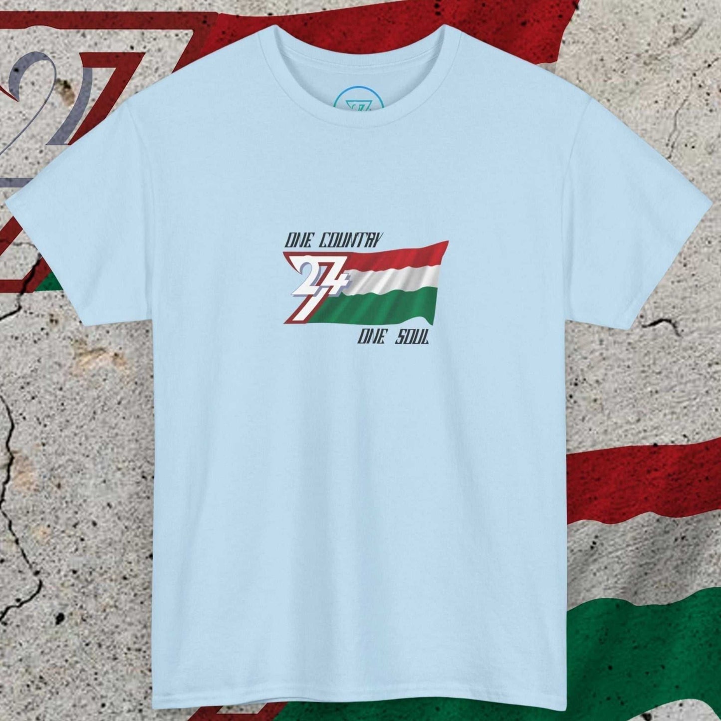 Front view of the light blue Hand-drawn Hungary graphic tee with Magyar Spirit tricolor flag and "One Country One Soul" slogan