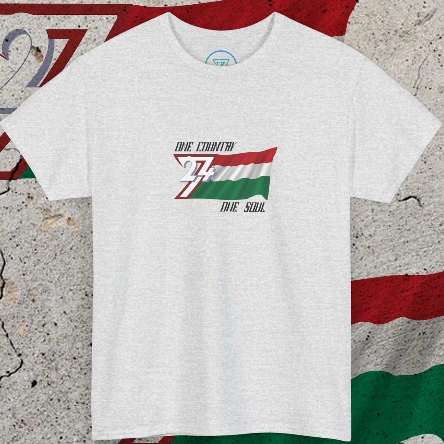 Front view of the ash Hungary Graphic Tee with hand-drawn tricolor and "One Country One Soul" slogan