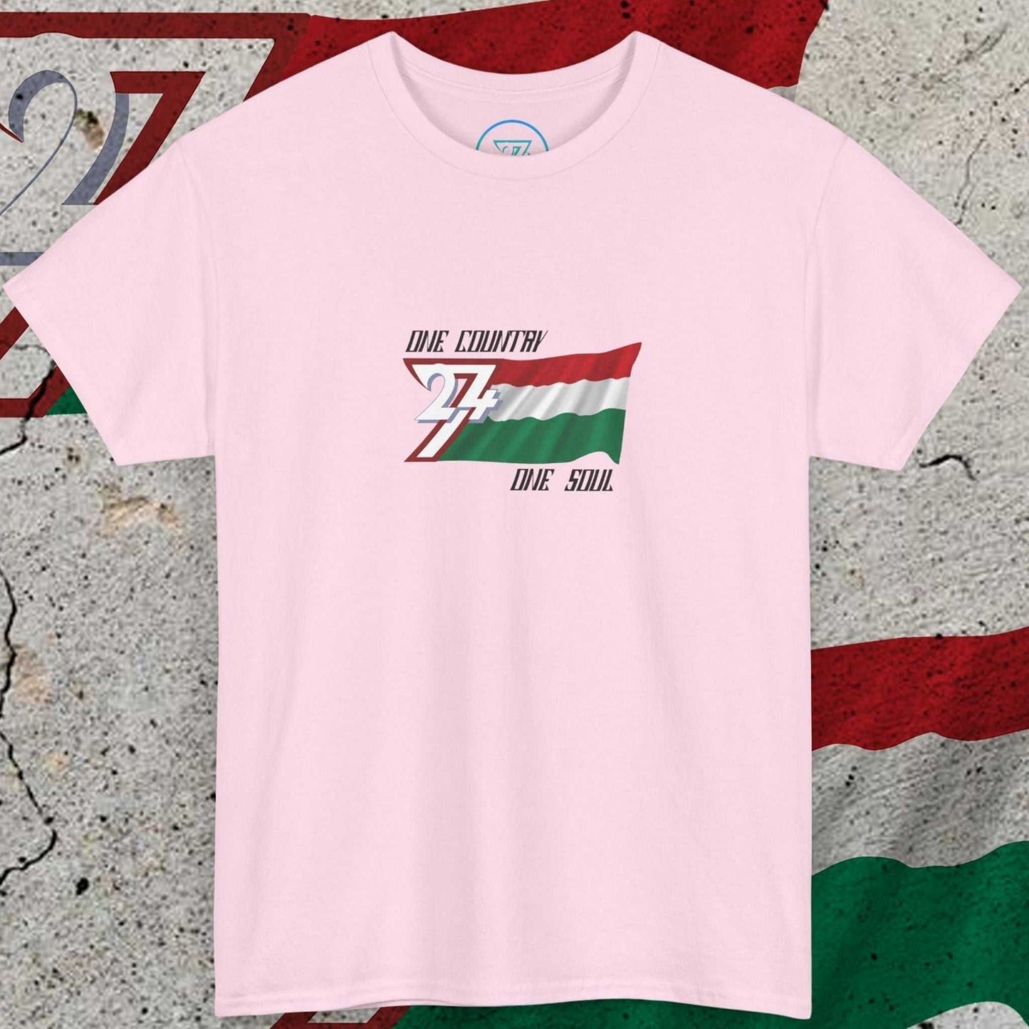 Front view of the light pink Hand-drawn Hungary graphic tee with Magyar Spirit tricolor and One Country One Soul slogan